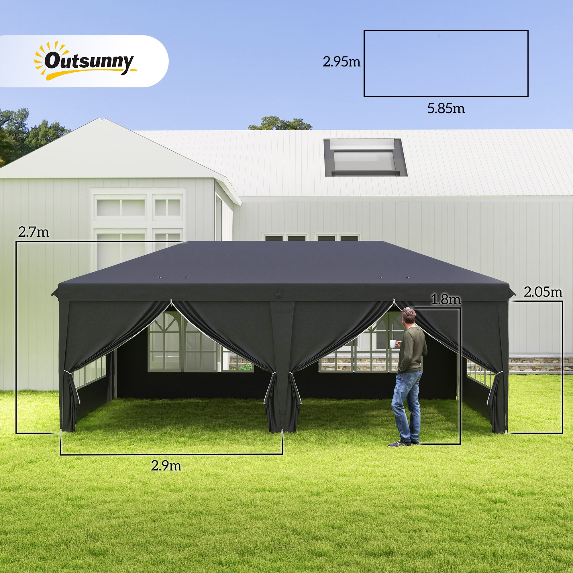 Outsunny 3 x 6 m Pop Up Gazebo with Sides and Windows, Height Adjustable Party Tent with Storage Bag for Garden, Camping, Event, Black