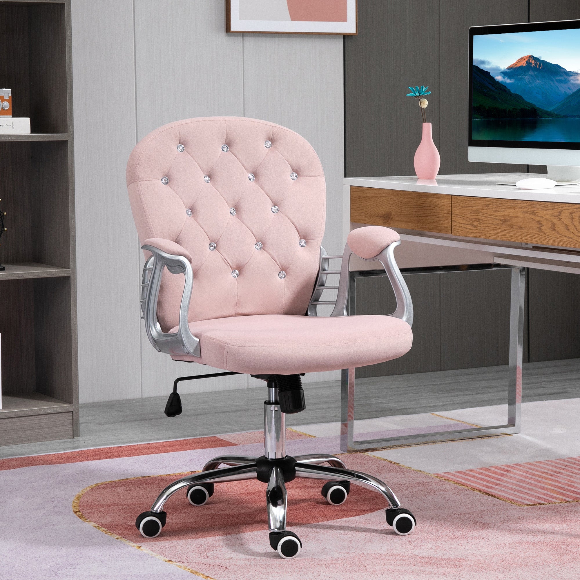 Vinsetto Office Chair, Swivel Desk Chair, Velvet Vanity Chair with Adjustable Height and Rolling Wheels for Home Work Study, Pink