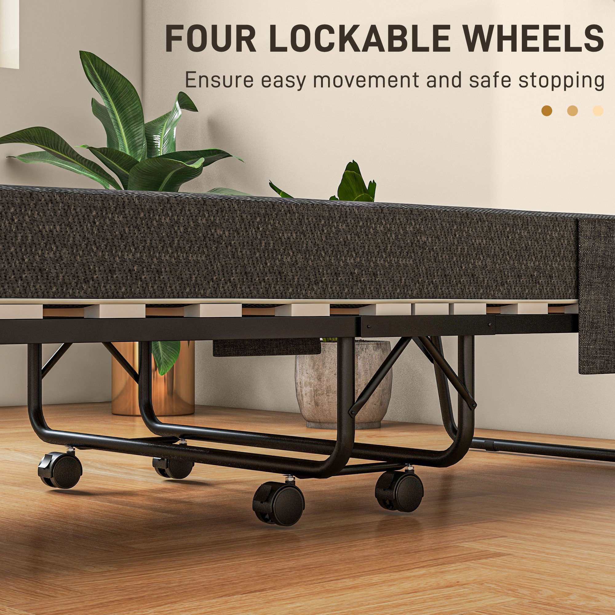 HOMCOM Single Steel Frame Folding Bed, with Wheels - Black/Grey - North Peak Garden Furniture