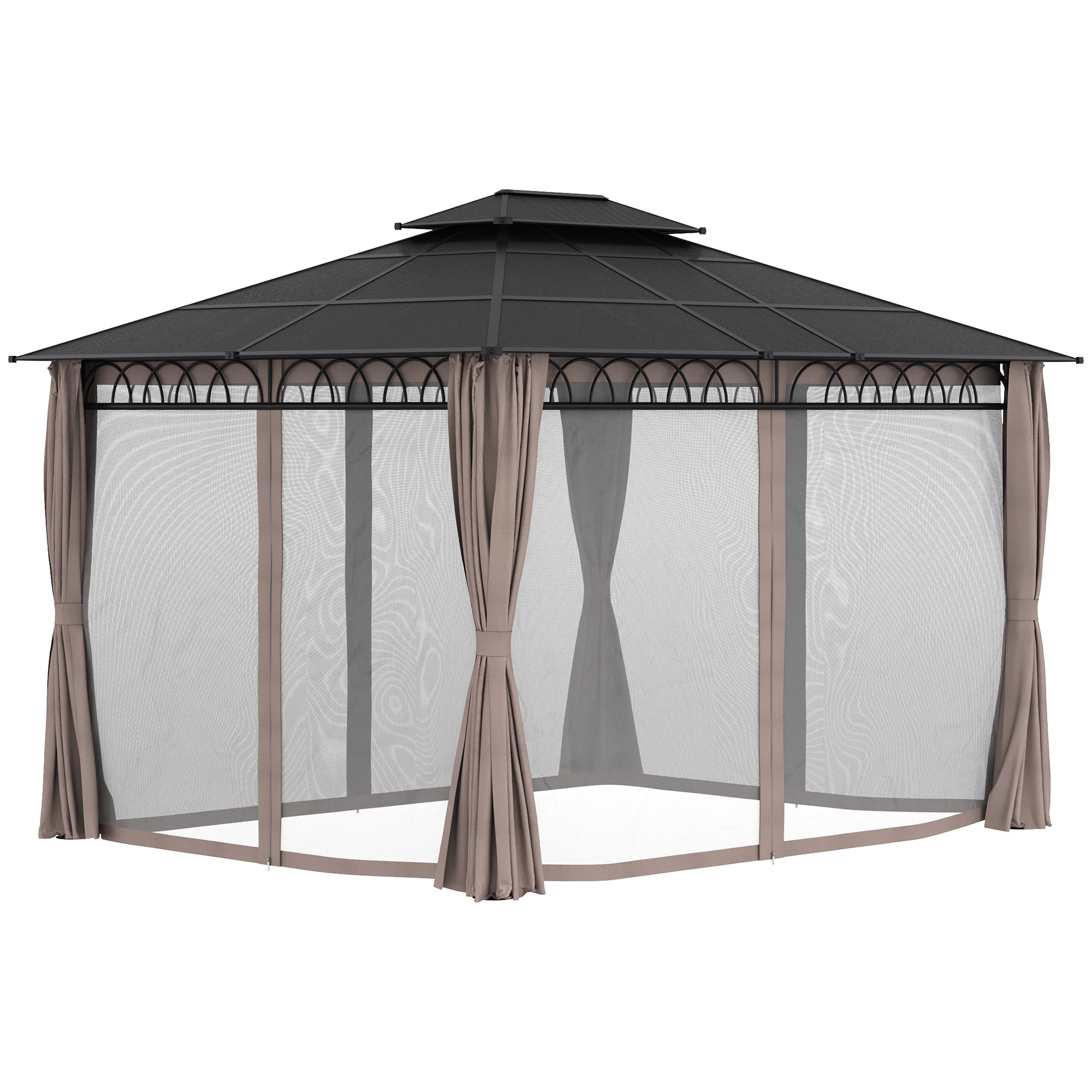 Outsunny 3.6 x 3 (m) Outdoor Polycarbonate Gazebo, Double Roof Hard Top Gazebo with Nettings & Curtains for Garden, Lawn, Patio - North Peak Garden Furniture