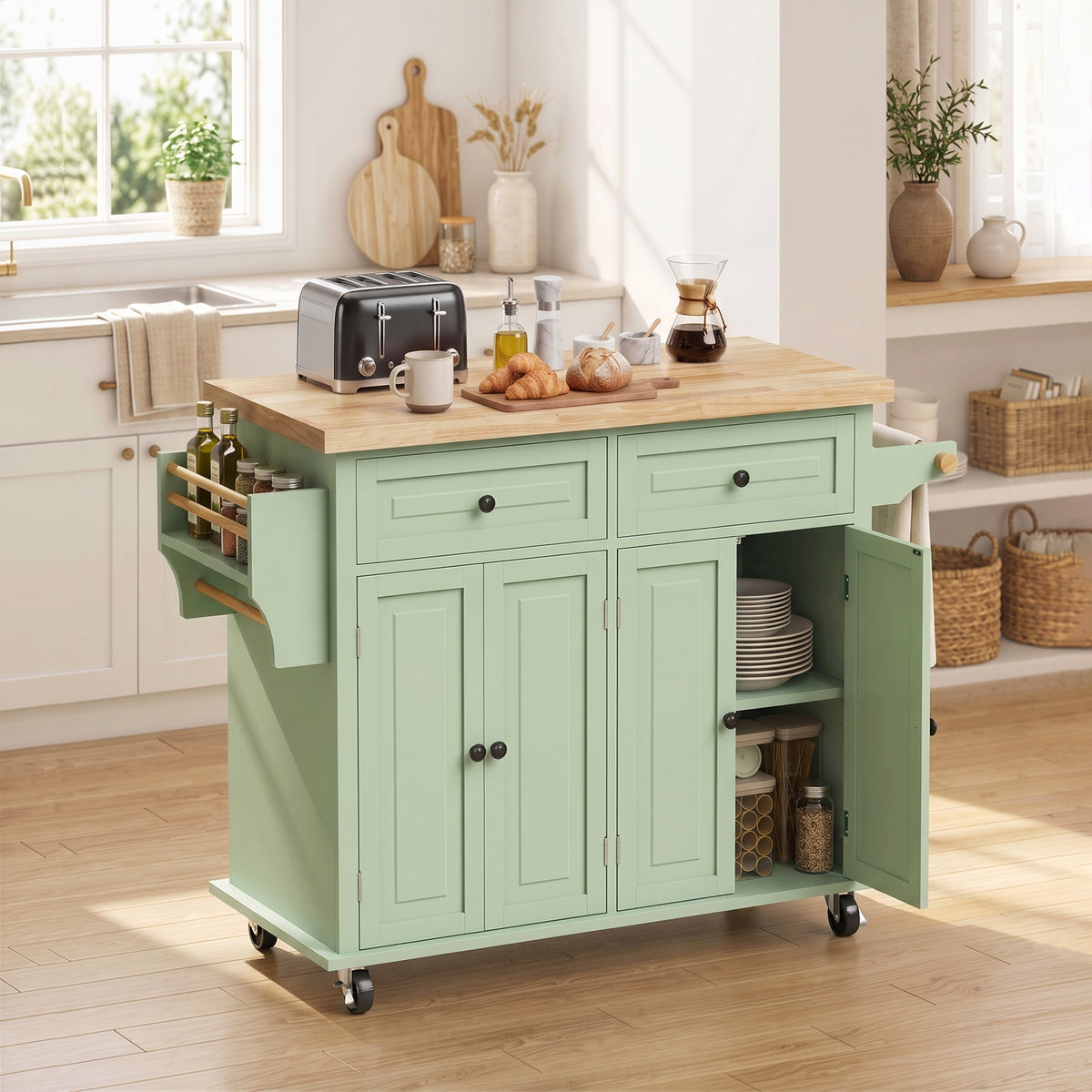 HOMCOM Rolling Kitchen Island Storage Trolley with Rubber Wood Top & Drawers for Dining Room, Light Green