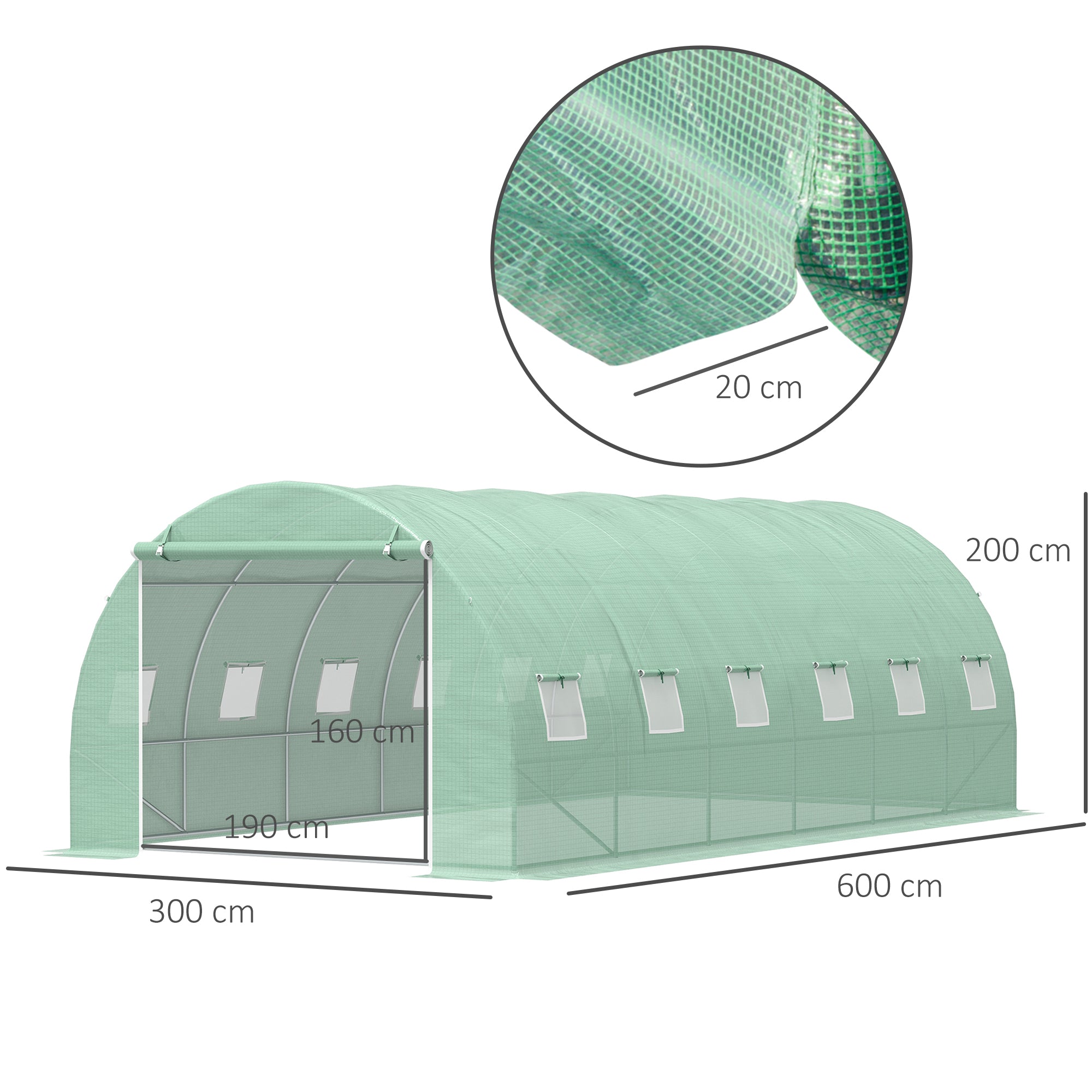 Outsunny 6 x 3 x 2 m Large Walk-In Greenhouse Garden Polytunnel Greenhouse with Steel Frame, Zippered Door and Roll Up Windows, Green