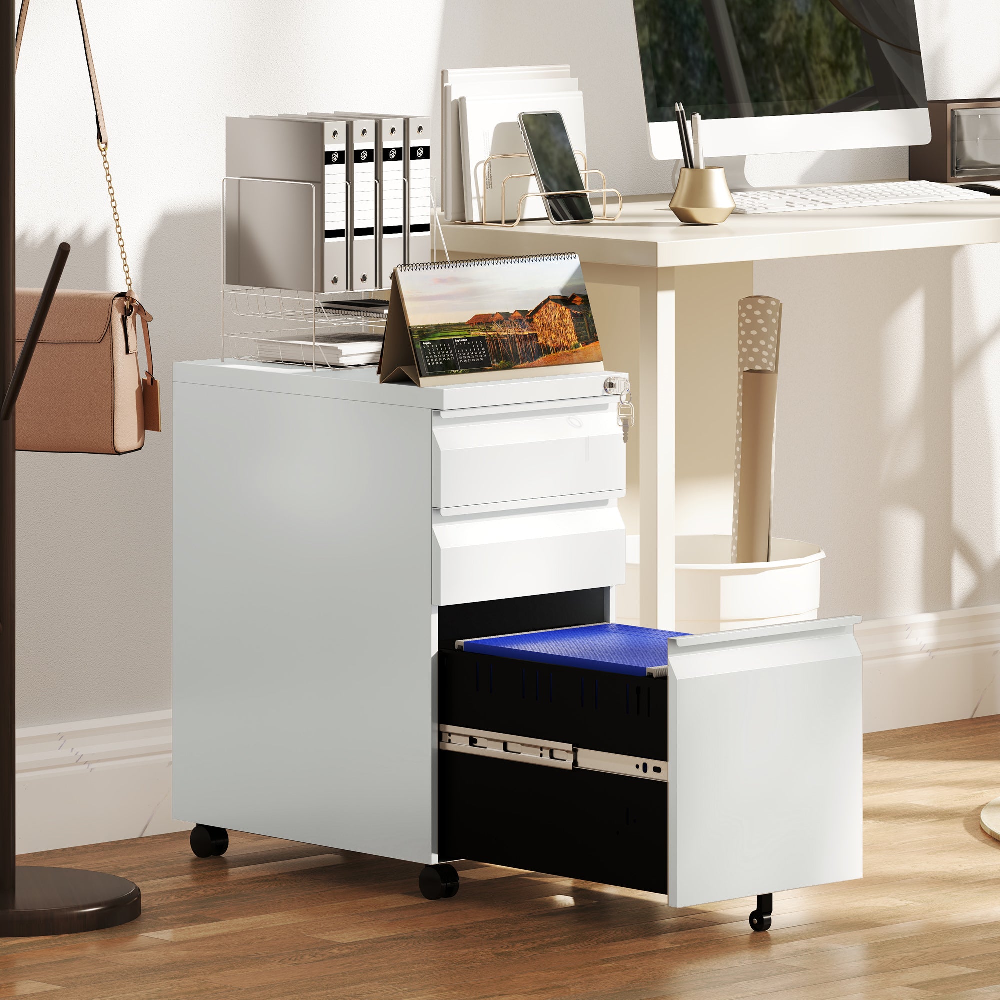 Vinsetto 3-Drawer Steel Filing Cabinet with Lock and Wheels - White - North Peak Garden Furniture