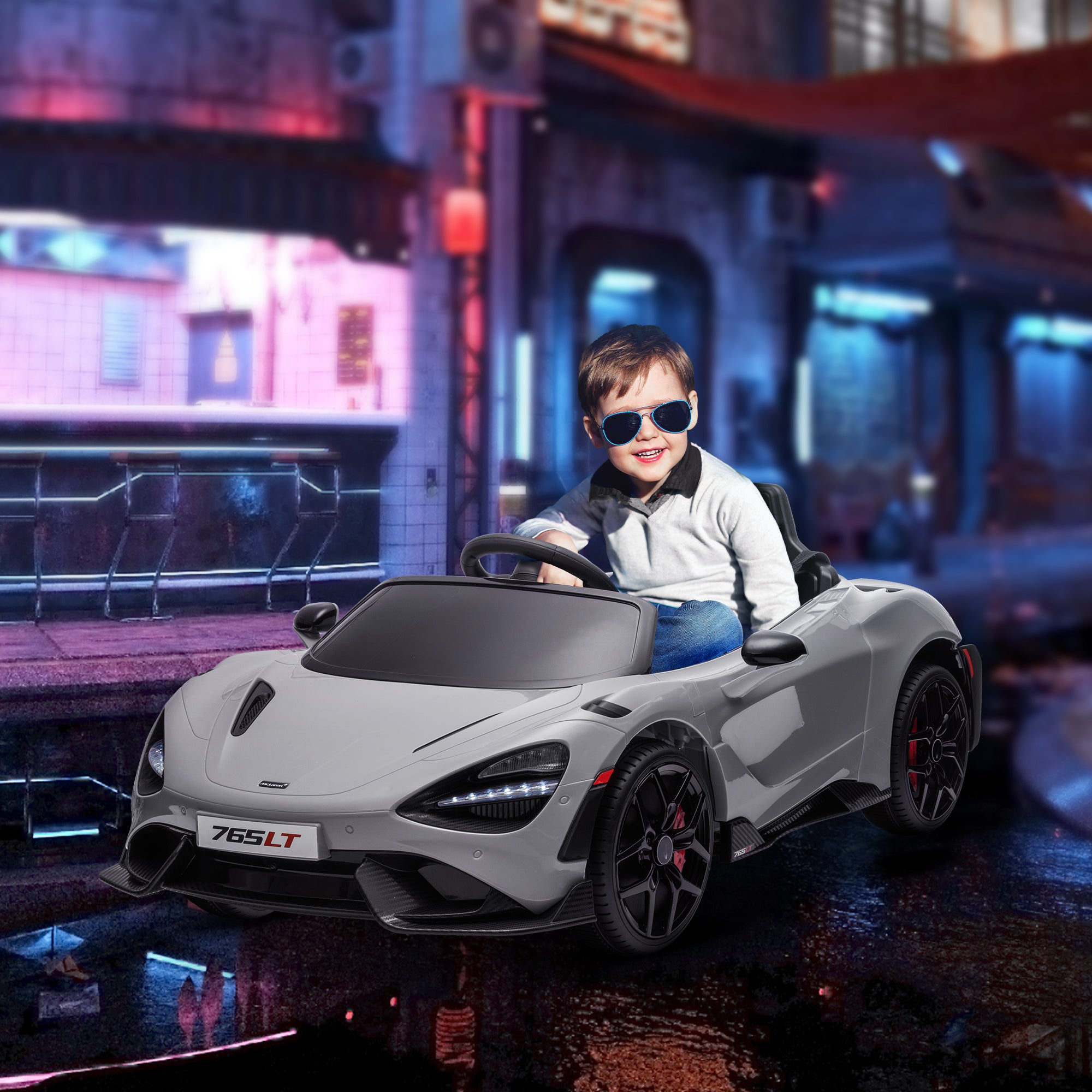 AIYAPLAY McLaren 765LT Licensed 12V Kids Electric Ride on Car with Butterfly Doors Remote Control Transport Wheels Grey - North Peak Garden Furniture