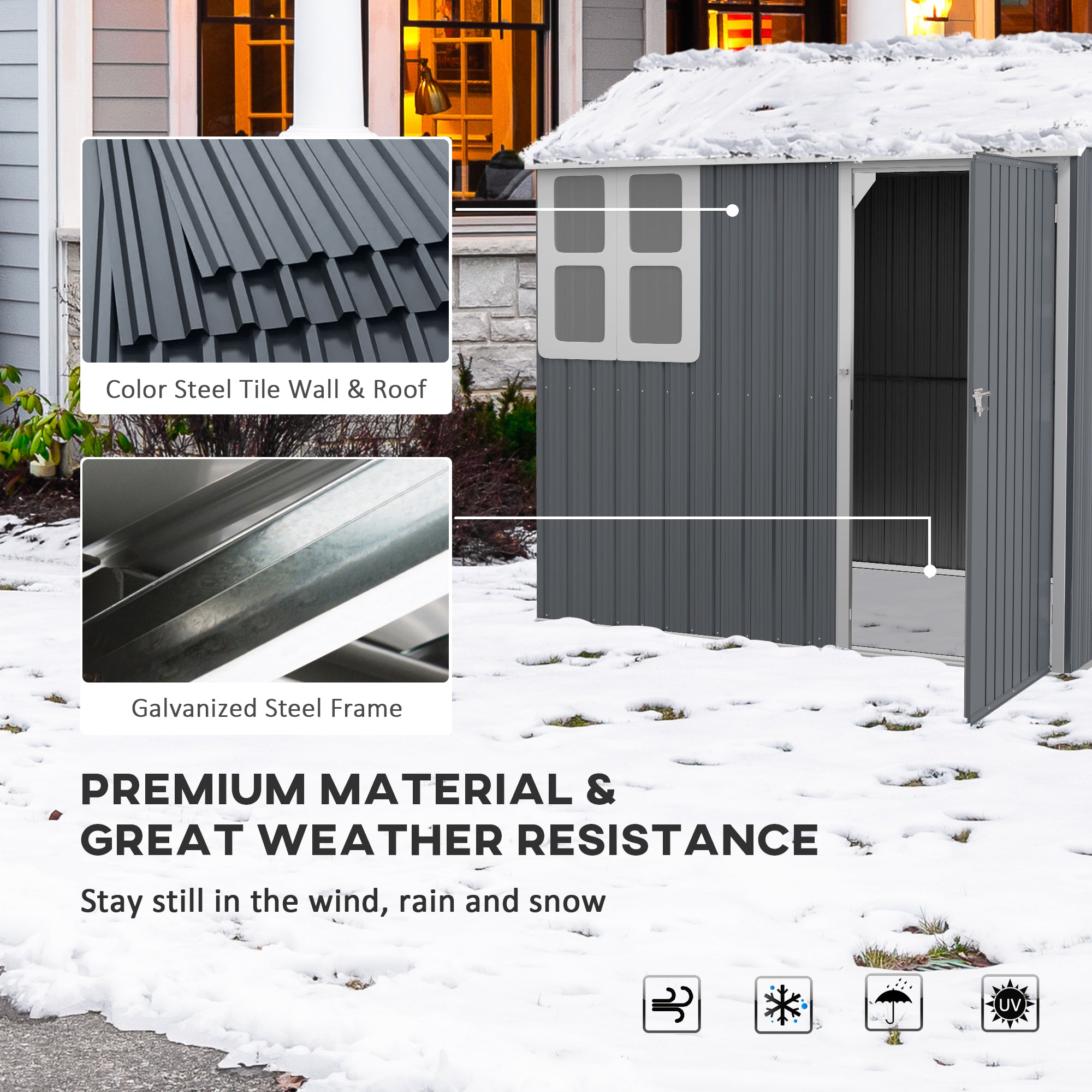 Outsunny 7 x 6ft Galvanised Garden Shed, with Latch - Dark Grey - North Peak Garden Furniture