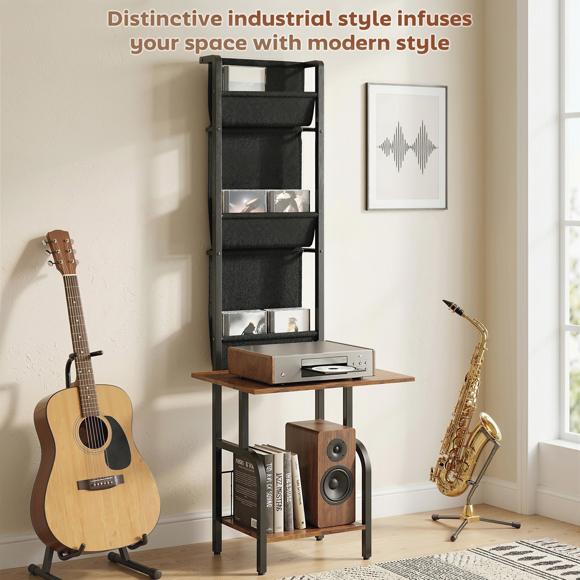 HOMCOM Vinyl Record Player Stand Record Storage with Player Stand Oxford Fabric Pockets Bottom Shelf Rustic Brown and Black