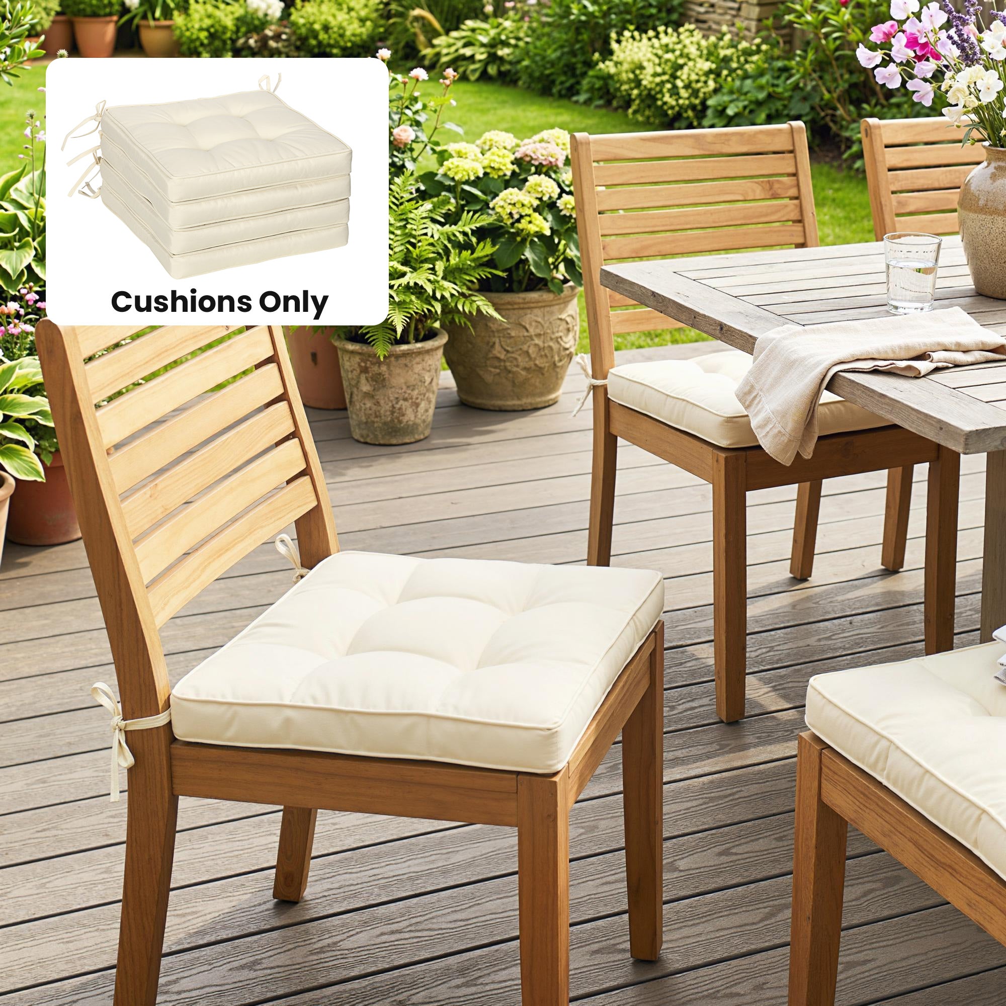 Outsunny Set of 4 Garden Seat Cushion with Ties, 42 x 42cm Replacement Dining Chair Seat Pad, Cream White
