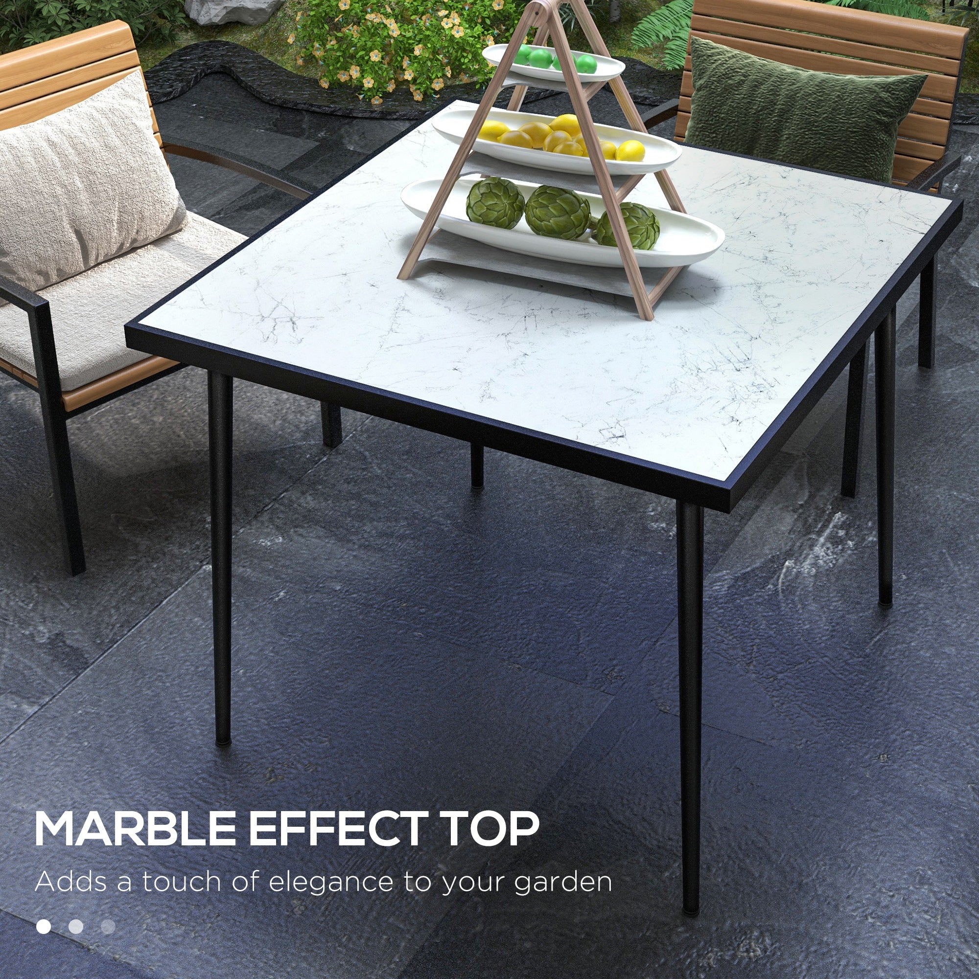 Outsunny Square Garden Table, Outdoor Dining Table for 4 with Marble Effect Tempered Glass Top and Steel Frame for Patio, White - North Peak Garden Furniture