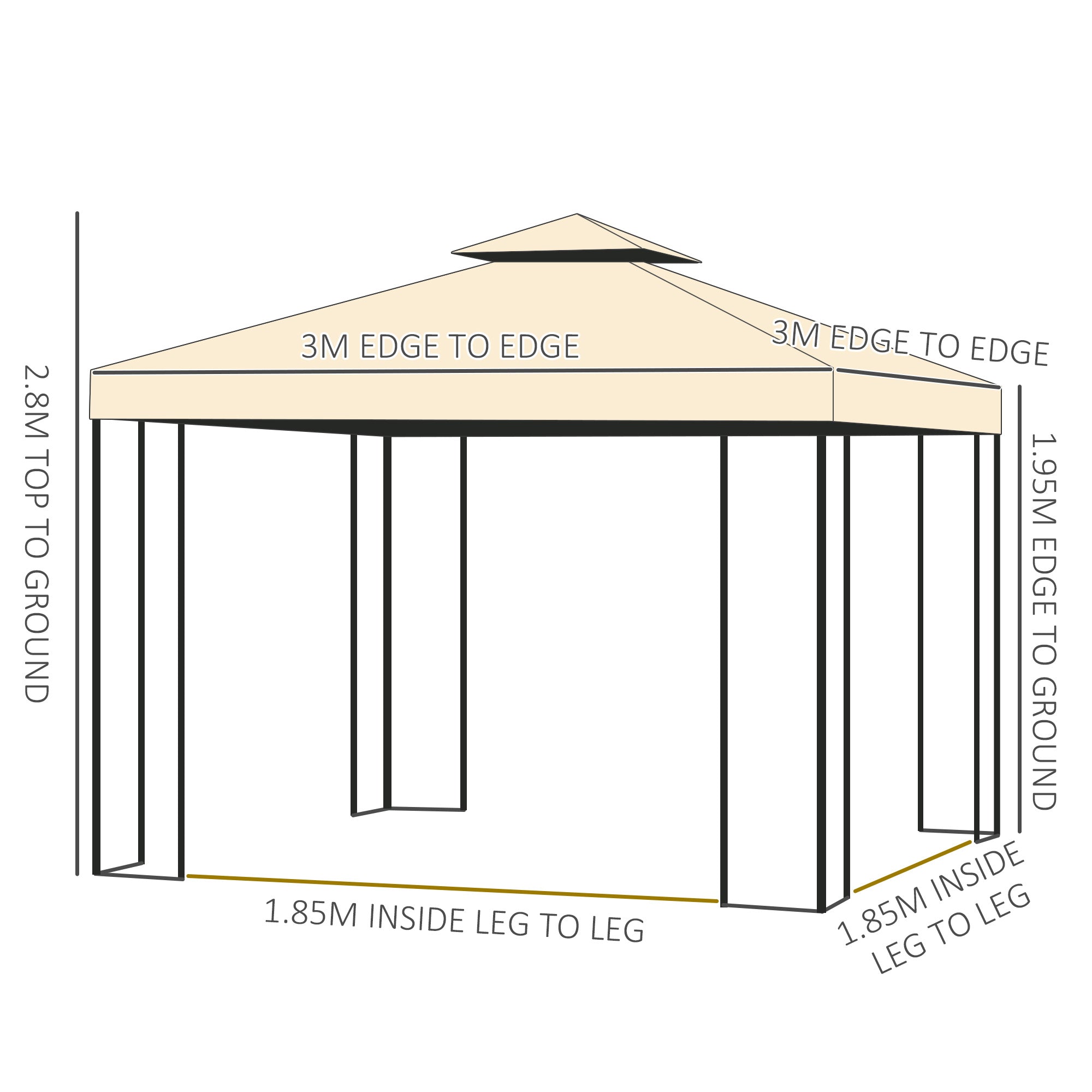 Outsunny 3(m) x 3(m) Garden Gazebo, Double Roof Outdoor Gazebo Canopy Shelter with Netting, Solid Steel Frame, for Garden, Lawn and Deck, Beige