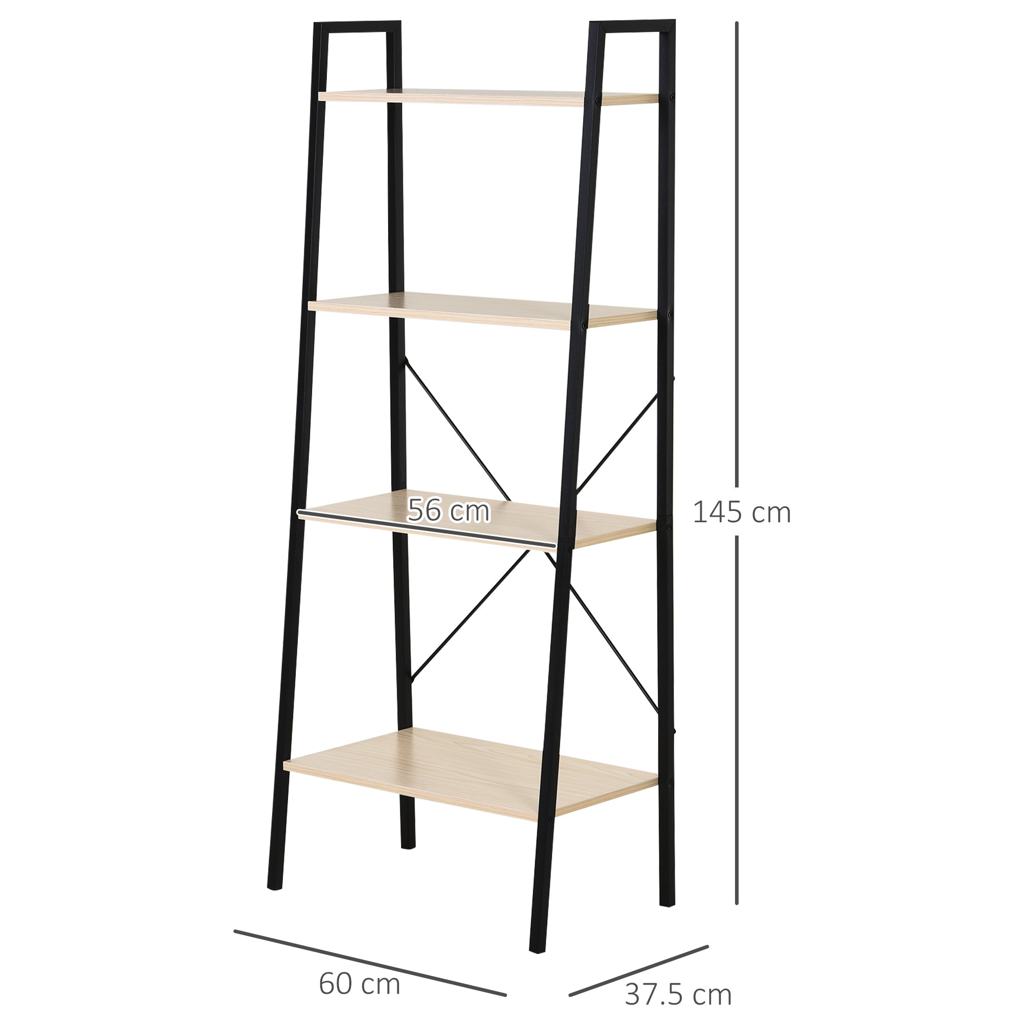 HOMCOM 4-Tier Vintage Ladder Shelf Bookcase Wood Storage Rack Stand Plants Display Black natural