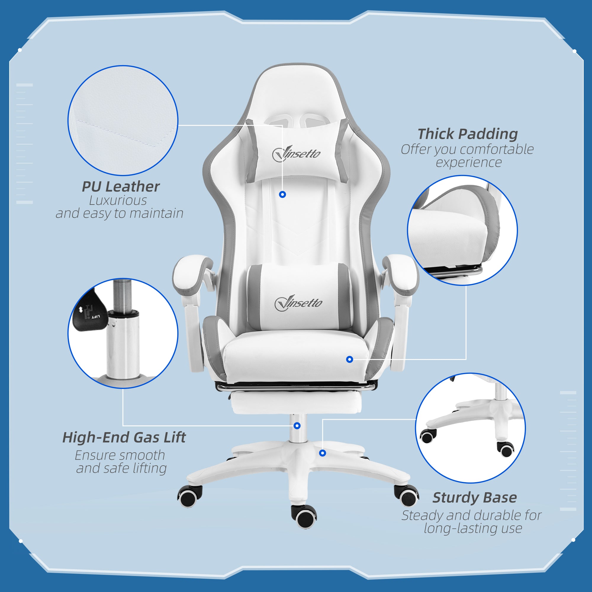 Vinsetto Computer Gaming Chair, PU Leather Desk Chair with Footrest, Swivel Task Chair with 135° Reclining Back and Lumbar Support, PC Chair for Adults, White and Grey - North Peak Garden Furniture