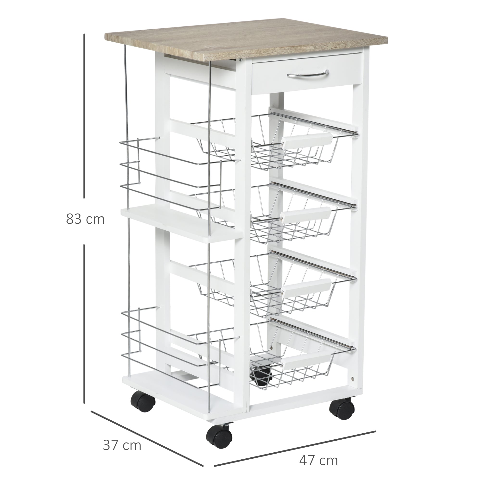 HOMCOM Rolling Kitchen Cart, Utility Storage Cart with 4 Basket Drawers & Side Racks, Wheels for Dining Room, Natural and White - North Peak Garden Furniture