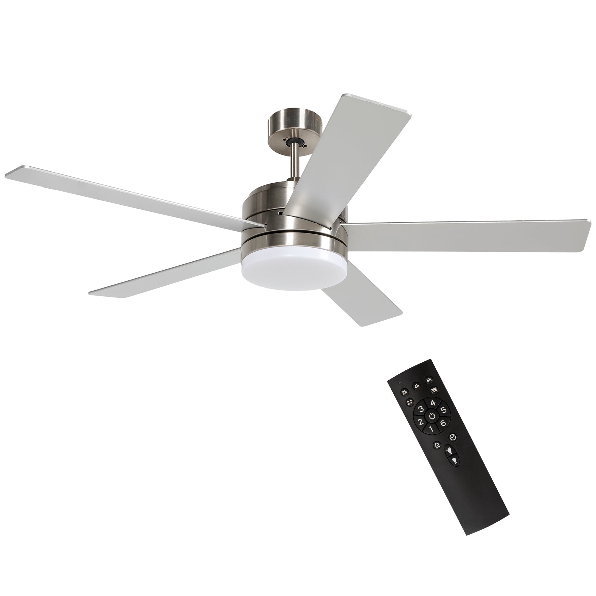 HOMCOM 52" Ceiling Fans with Light and Remote, 132CM LED Ceiling Fan with 5 Blades, 5-Speed, Timer, Quiet Reversible DC Motor, for Bedroom, Living Room, Silver and Beech Wood-effect