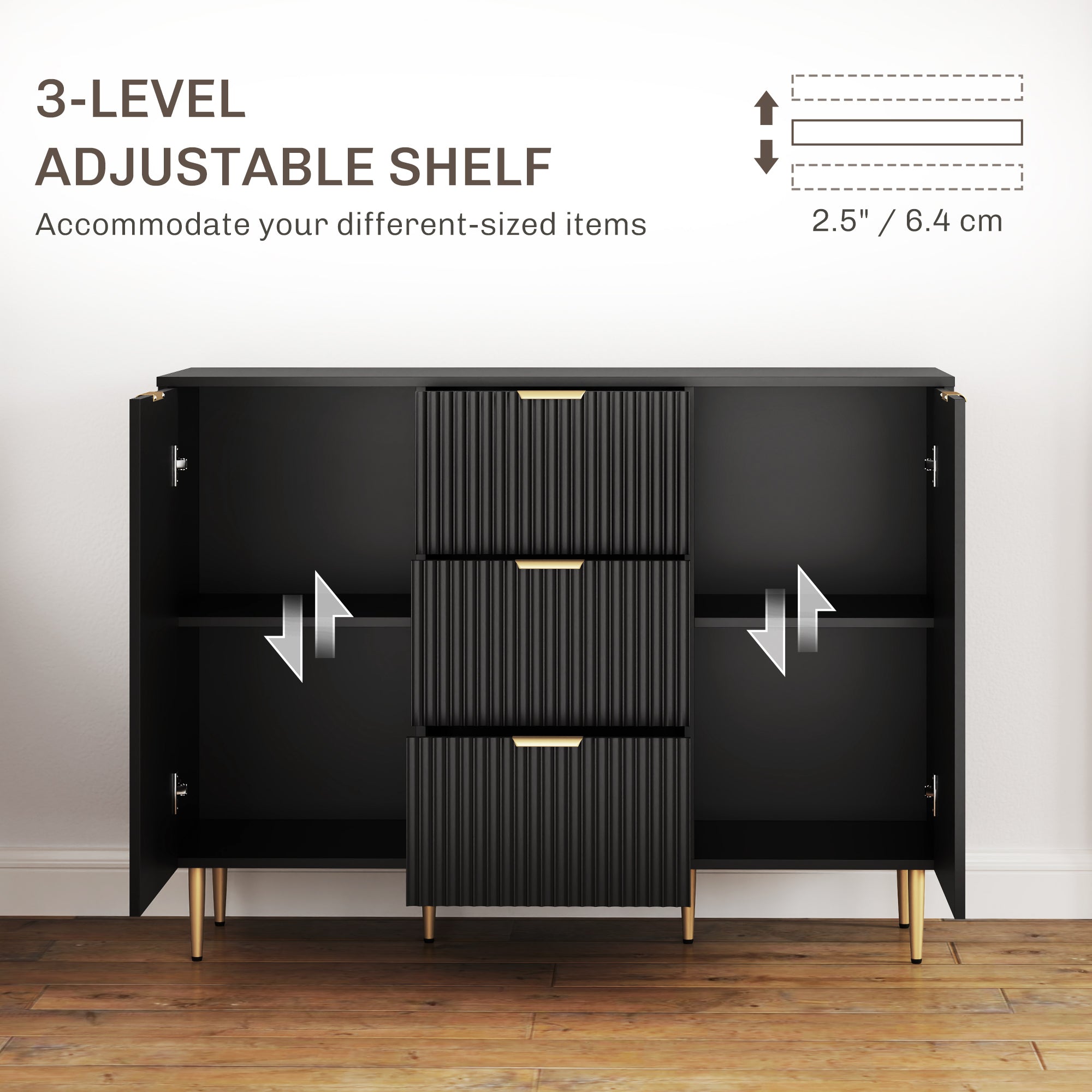 HOMCOM 2-Door Sideboard with 3 Drawers and Adjustable Shelves - Black