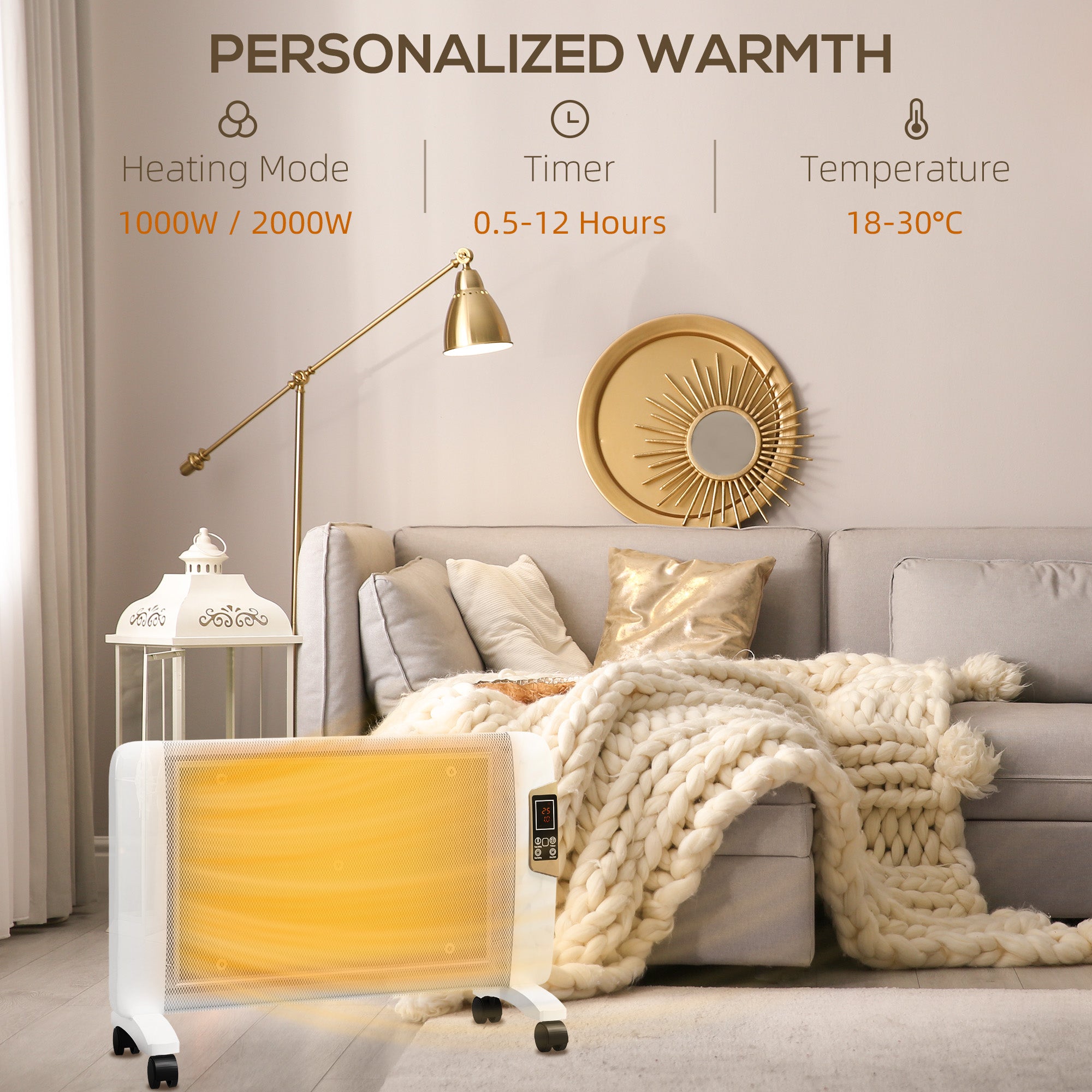 HOMCOM Mica Electric Space Heater, Portable Heater for Home with 2 Heat Settings, Living Room, Study, Garage, Adjustable Temperature 18-30°C, 1000W/2000W, White - North Peak Garden Furniture