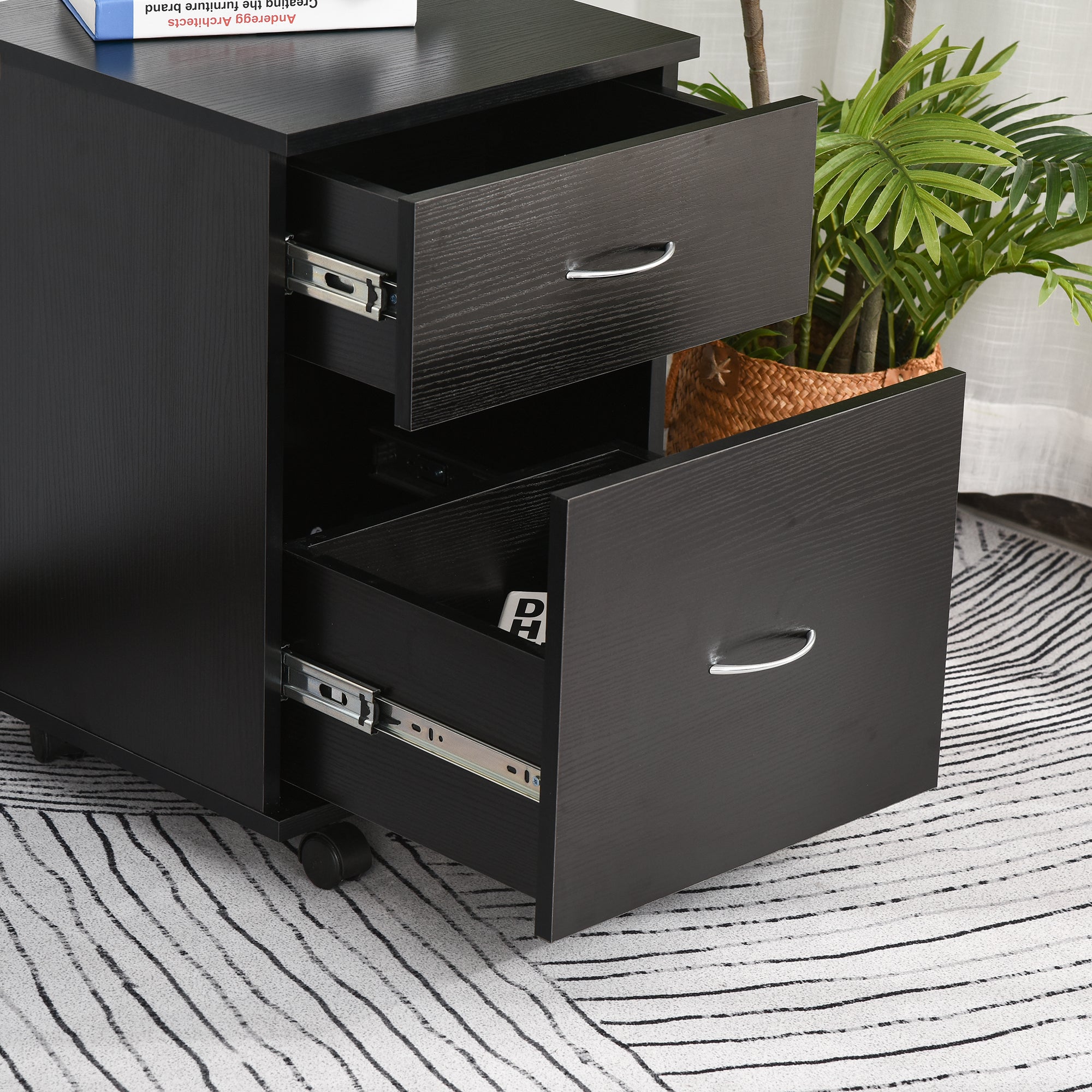 HOMCOM Two Drawer Filing Cabinet with Wheels- Black Wood Grain