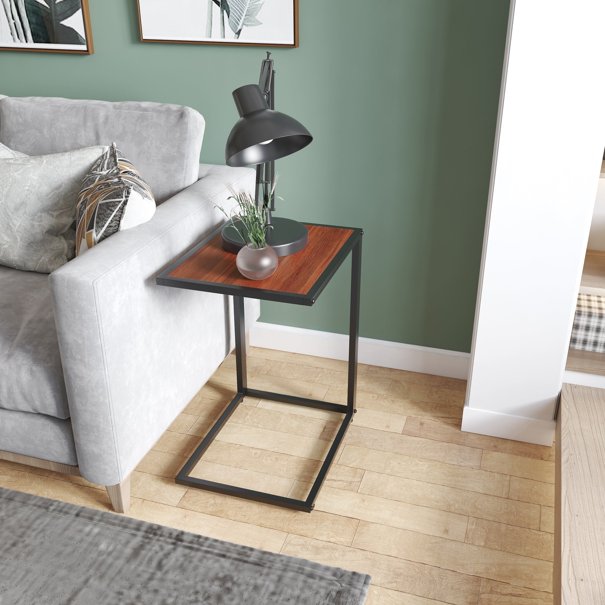 HOMCOM C-Shaped Side Table, Sofa End Table with Metal Frame, Accent Couch Table for Living room, Bedroom, Walnut and Black - North Peak Garden Furniture