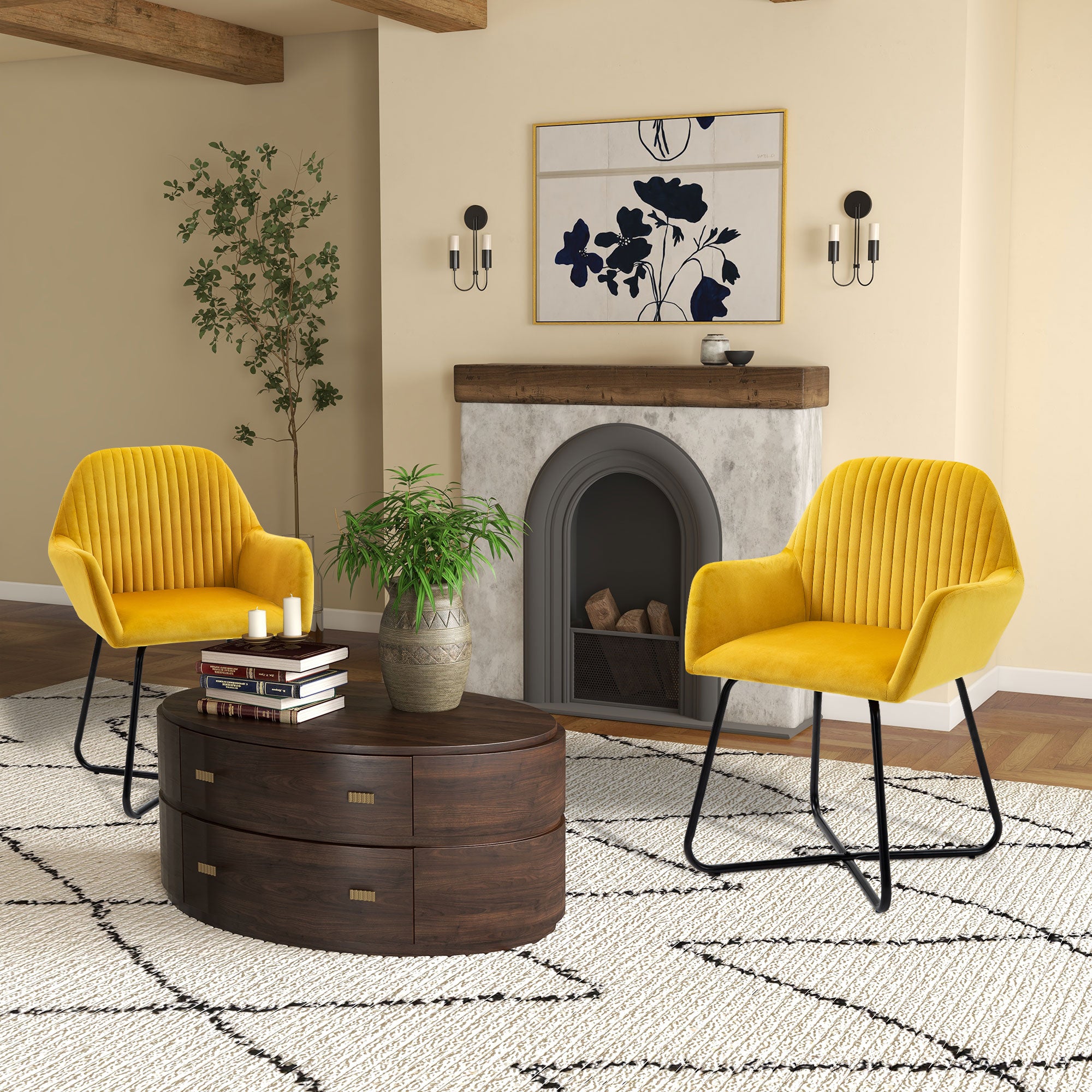 HOMCOM Velvet-Feel Plisse Back Accent Chair - Yellow - North Peak Garden Furniture