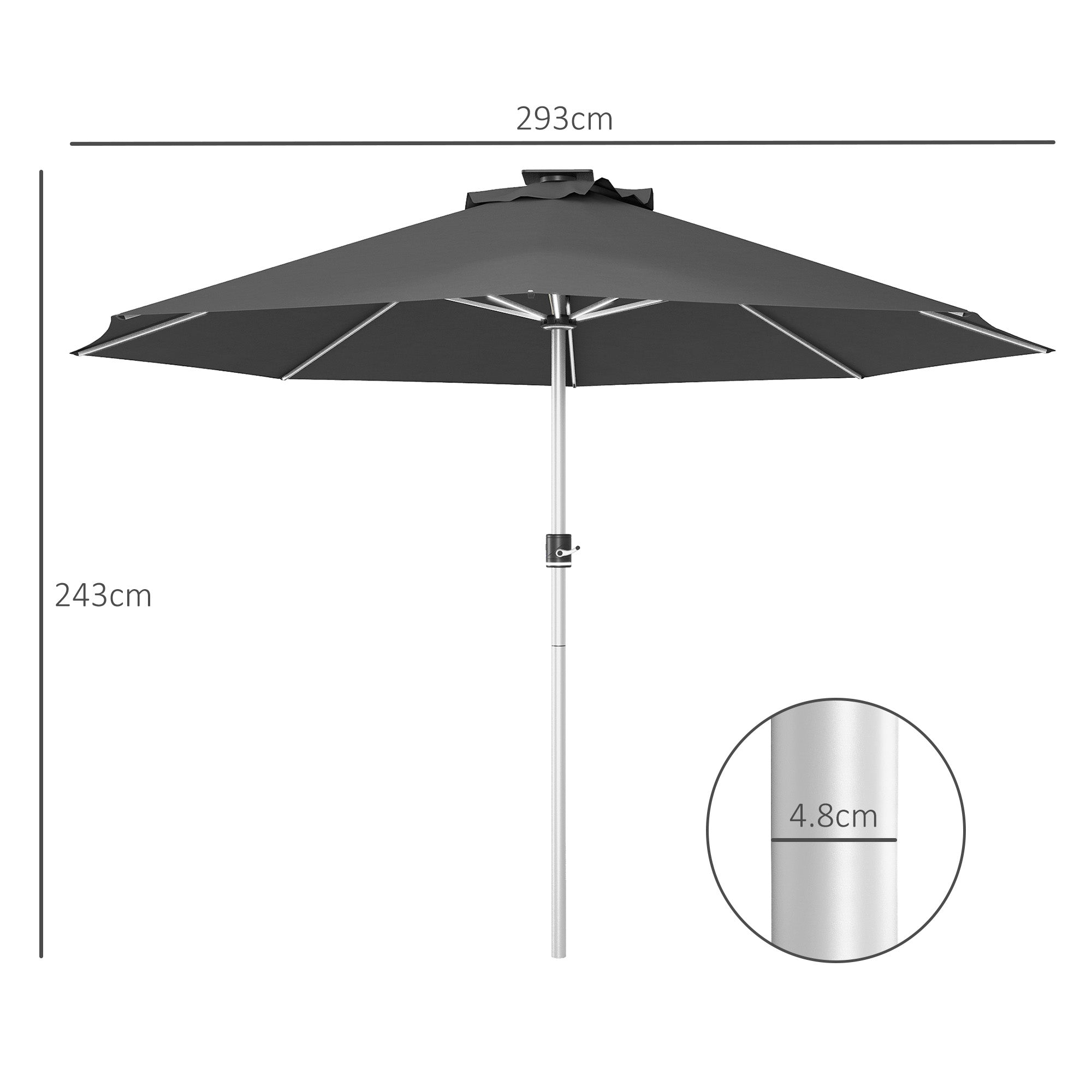 Outsunny 3m Parasol, with Solar-Powered LED Lights - Grey - North Peak Garden Furniture