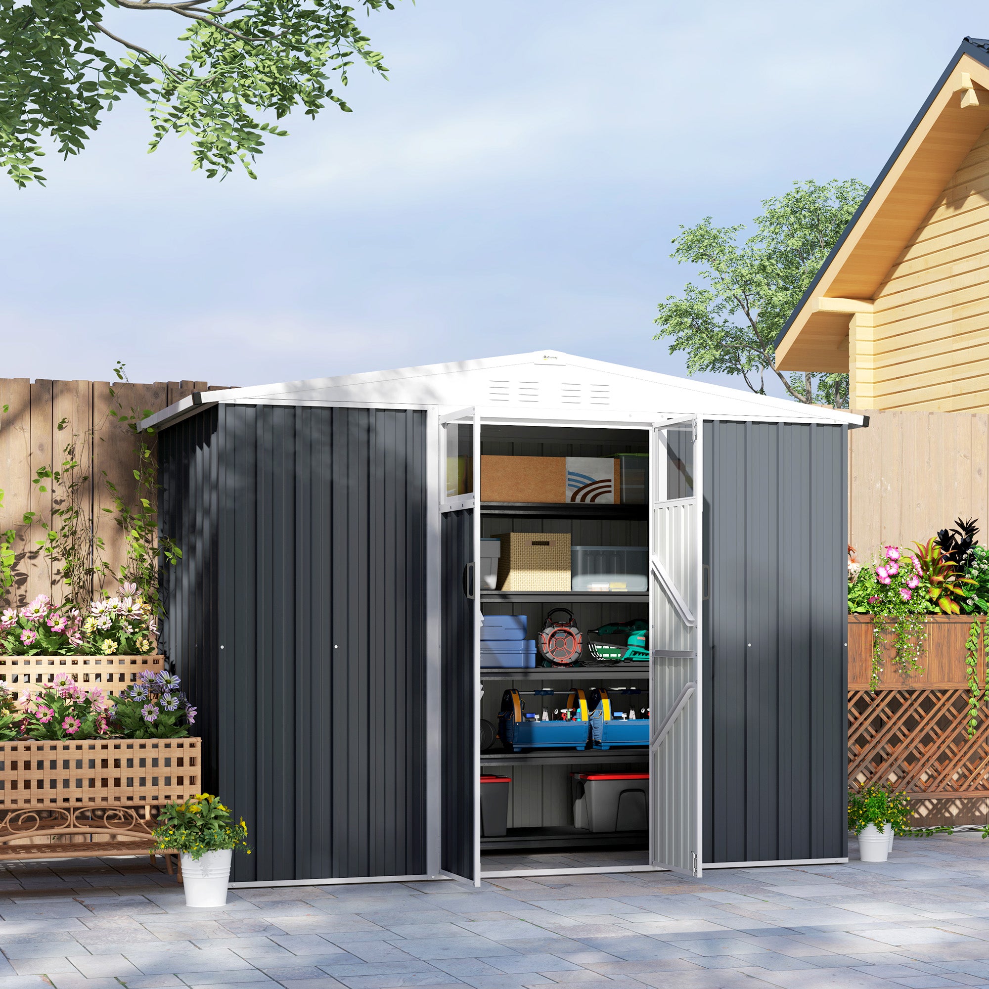 Outsunny 8 x 4 ft Metal Garden Shed, Garden Storage Shed with Window, 4 Vents and Lockable Door, Waterproof Galvanised Steel Tool Storage Shed, Dark Grey - North Peak Garden Furniture