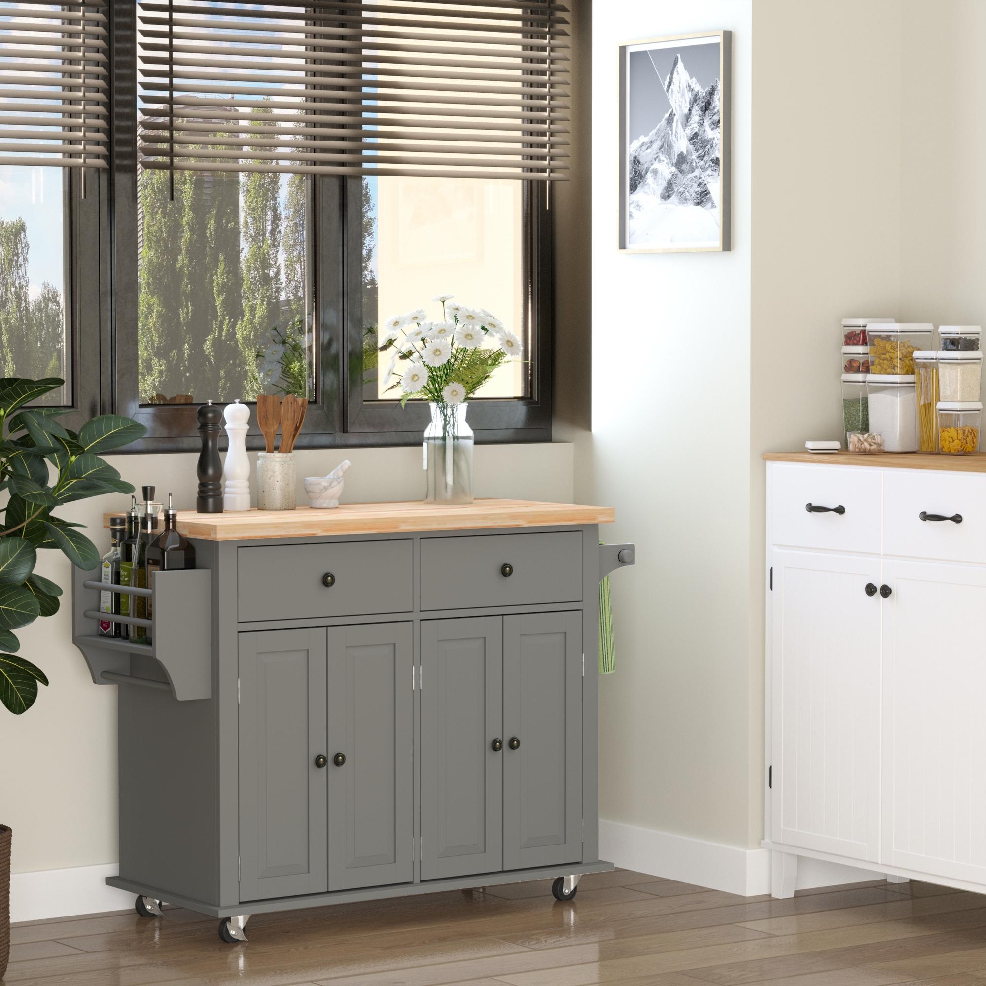 HOMCOM Rolling Kitchen Island Storage Trolley with Rubber Wood Top & Drawers for Dining Room, Grey - North Peak Garden Furniture