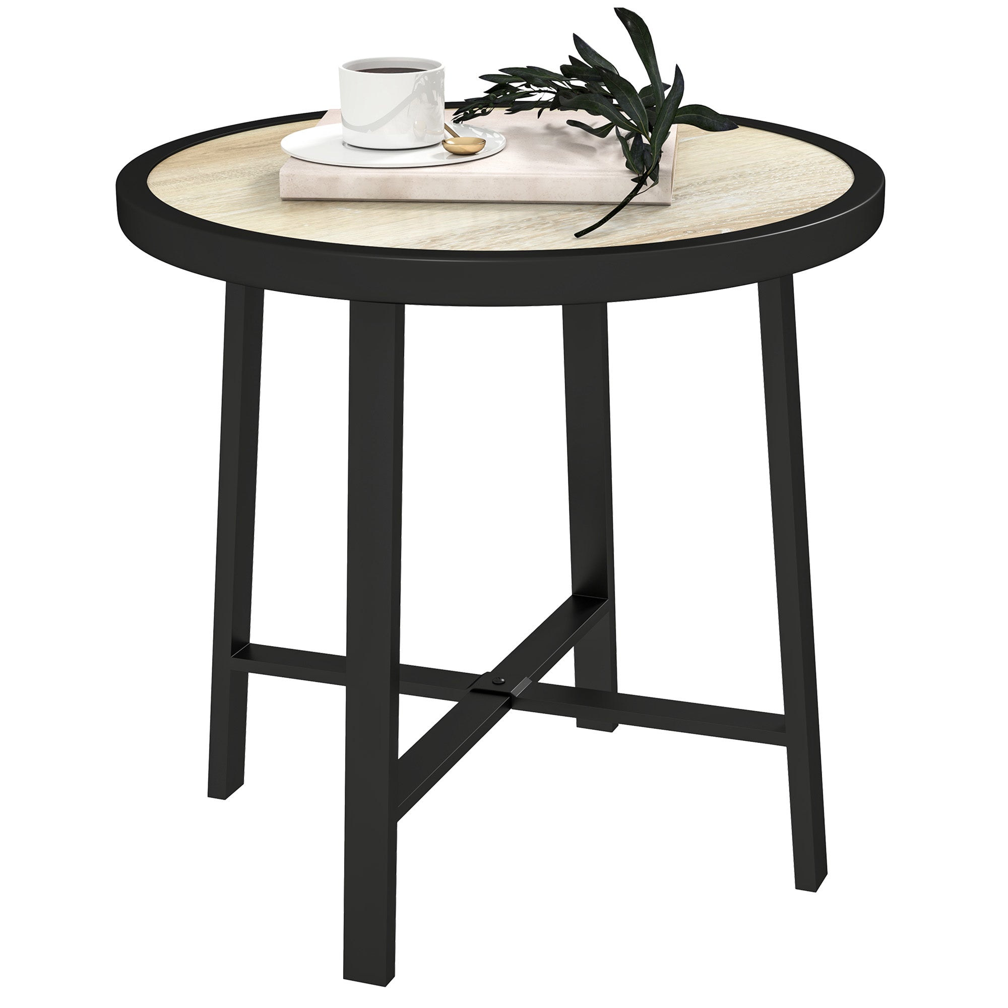 Outsunny Round Small Garden Table, 50.5cm Outdoor Side Table with SPC Tabletop, Metal Frame and Anti-slip Foot Pads for Garden, Balcony, Nature Wood Finish - North Peak Garden Furniture