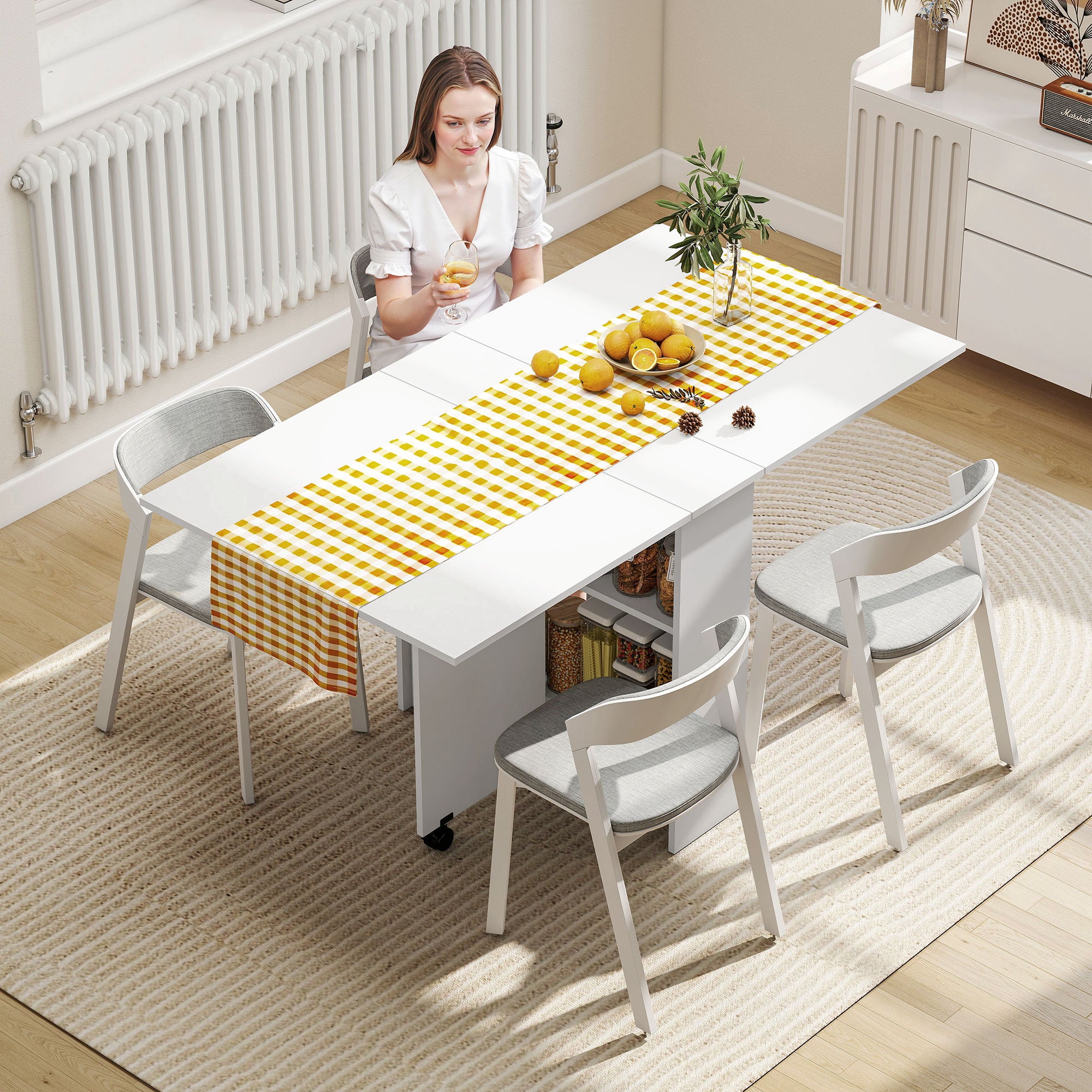 HOMCOM Folding Dining Table, Drop Leaf Table for Small Spaces with 2-tier Shelves, Small Kitchen Table with Rolling Casters, White