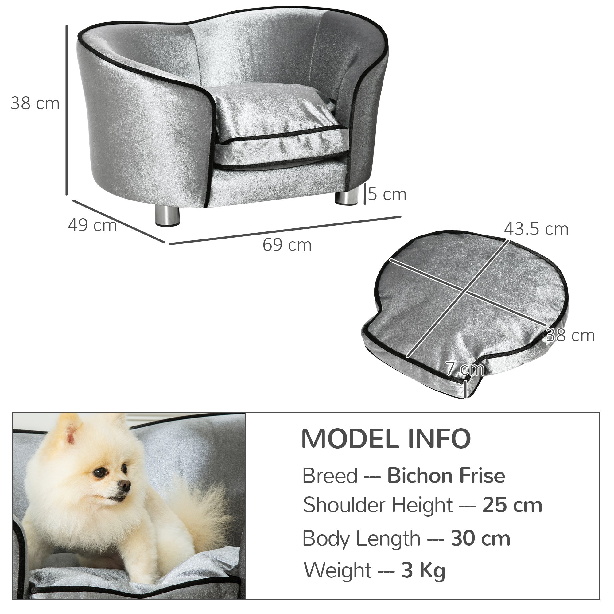PawHut Dog Sofa Pet Chair, Kitten Bed Couch w/ Wooden Frame, Removable Cushion - Silver-Tone and Grey - North Peak Garden Furniture