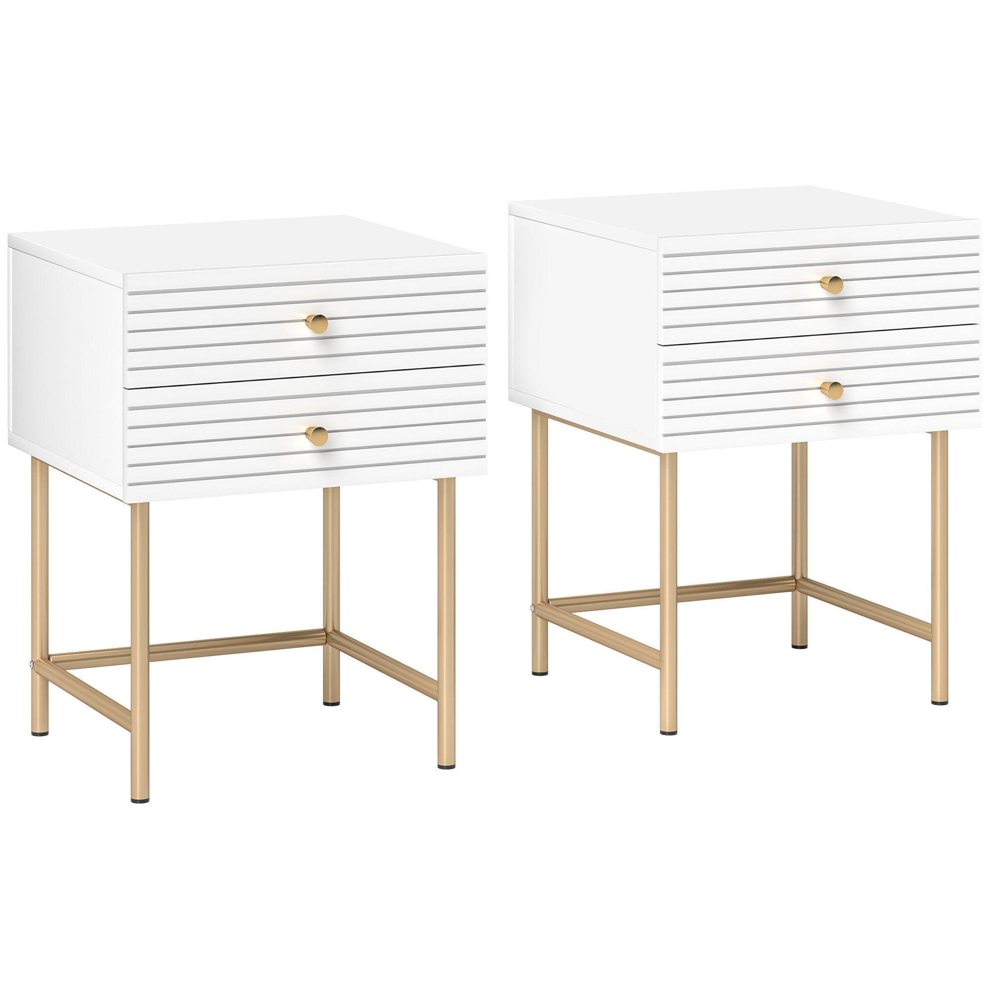 HOMCOM Set of Two Elegant Bedside Tables - White/Gold-Tone - North Peak Garden Furniture