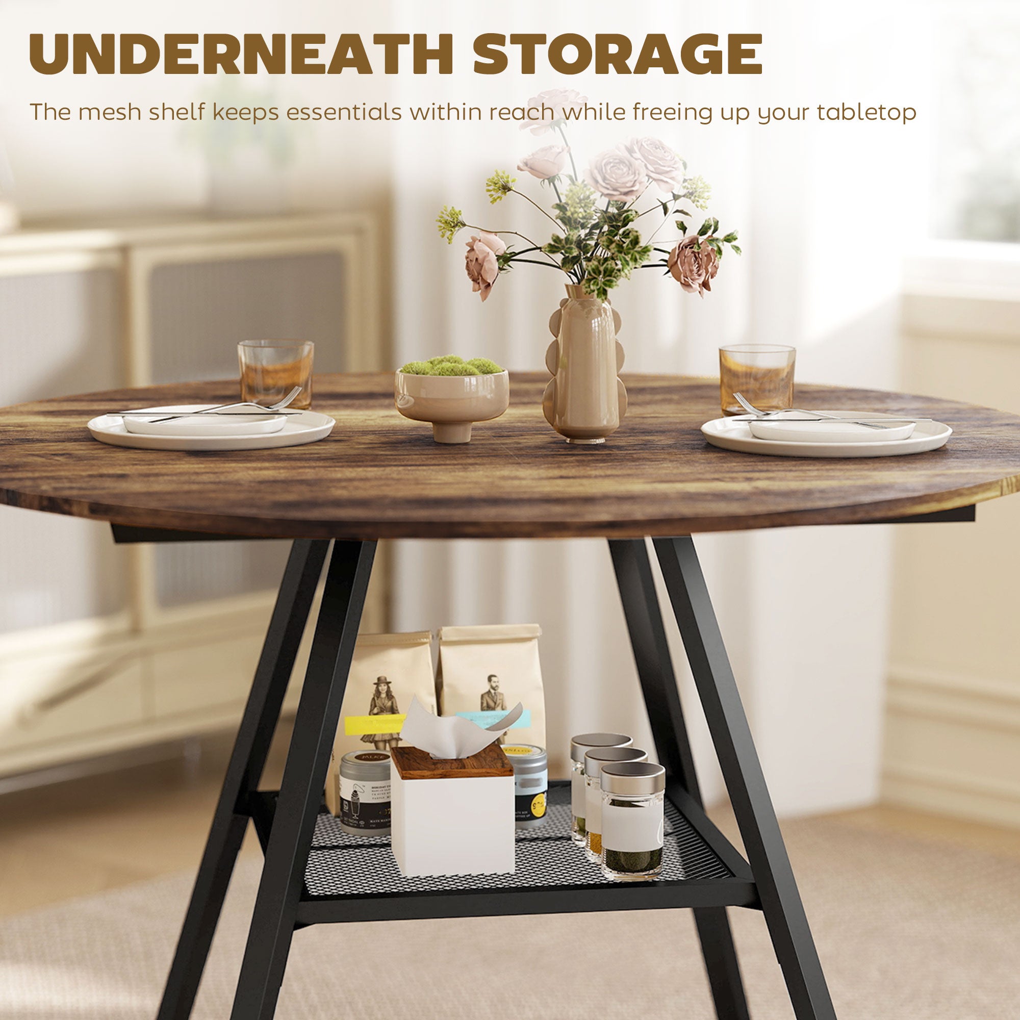HOMCOM Dining Table for 4 People, 100 cm Round Industrial Kitchen Table with Storage Shelf, Rustic Brown