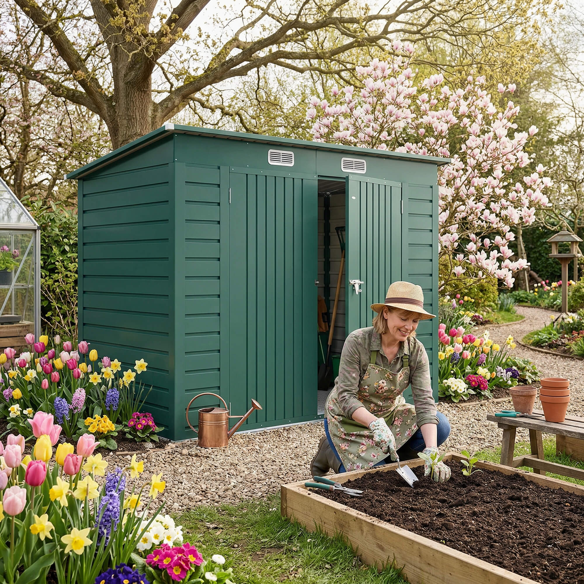 Outsunny 3.7 x 7.9ft Galvanised Steel Shed, with Latched Door and Padlock - Green