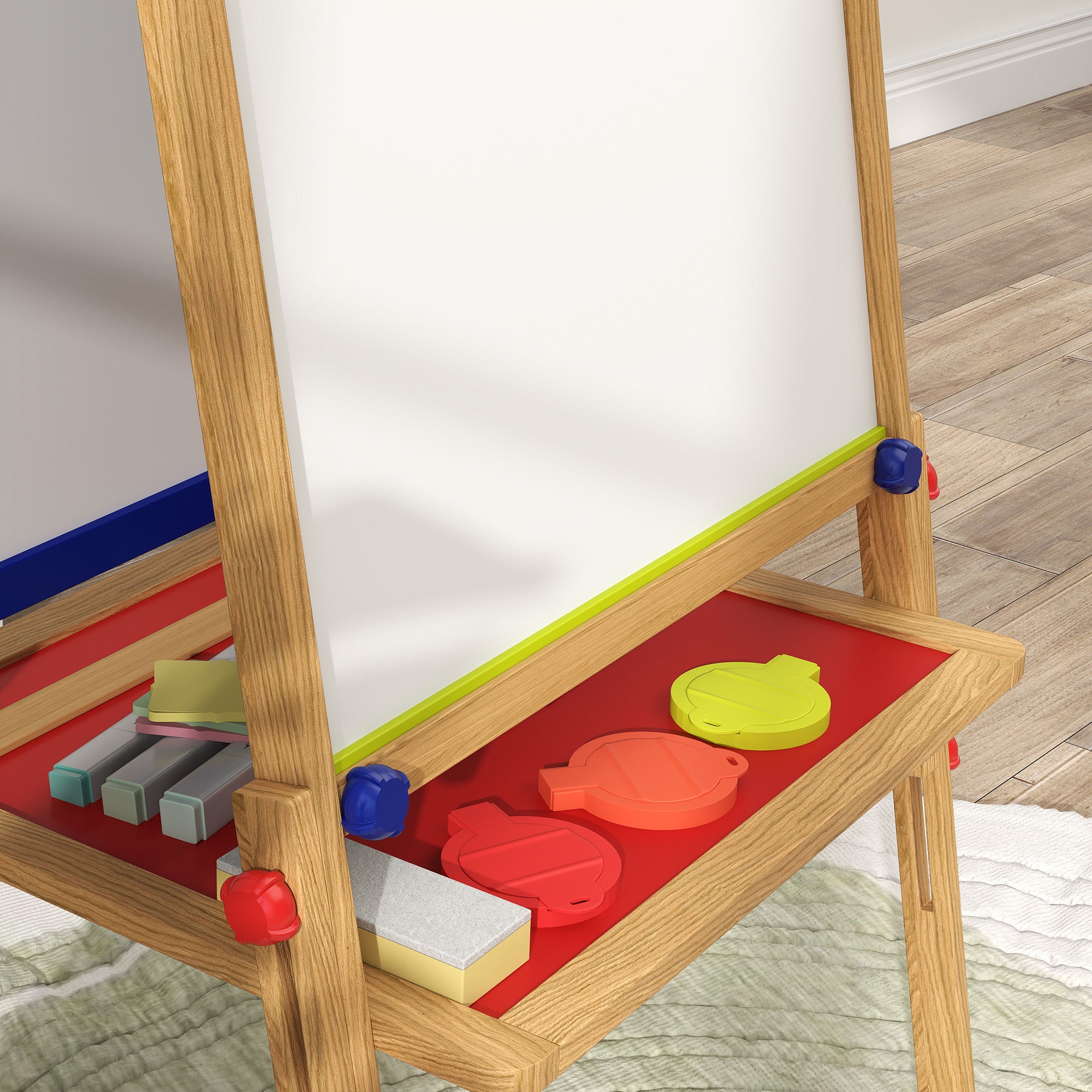 AIYAPLAY 3 in 1 Wooden Kids Easel with Paper Roll, Whiteboard & Chalkboard, Painting Accessories