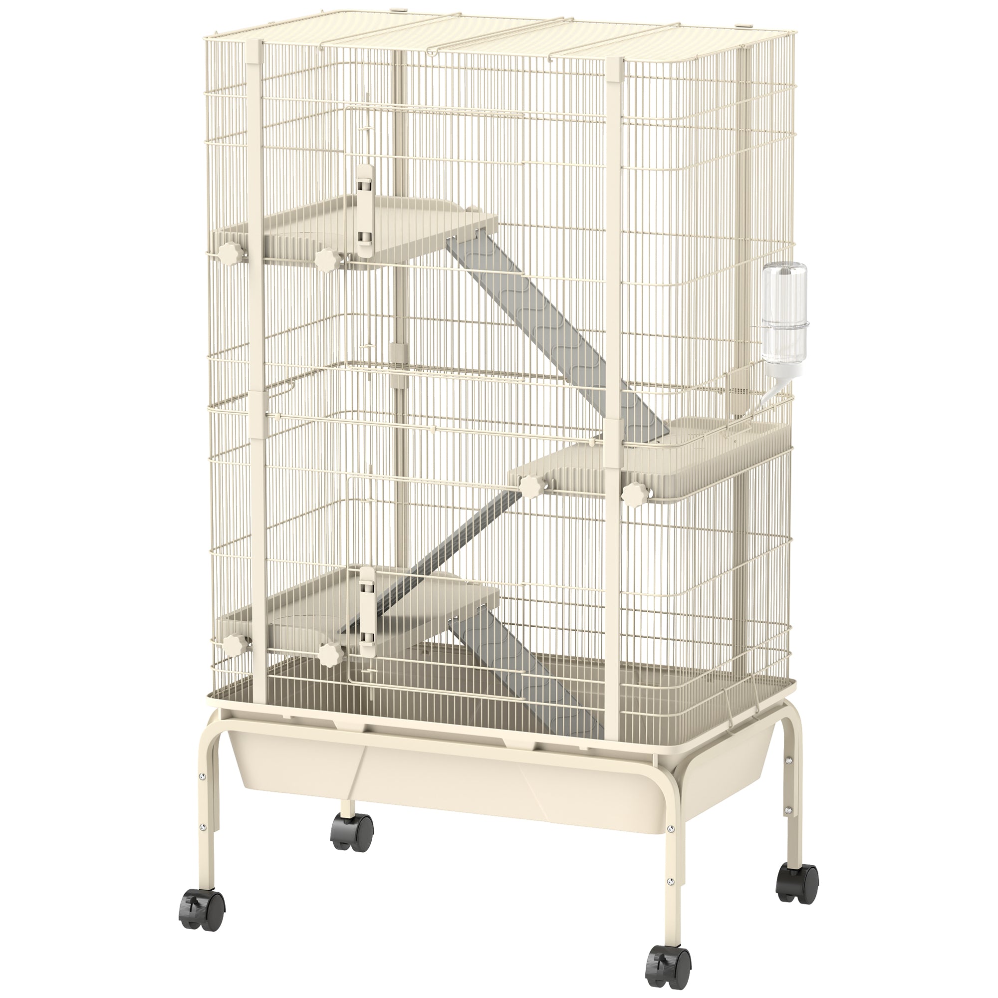 PawHut 4 Levels Rolling Small Animal Cage, Rabbit Cage with 3 Ramps, Water Bottle, Food Dish, 15cm Deep Tray, Beige - North Peak Garden Furniture