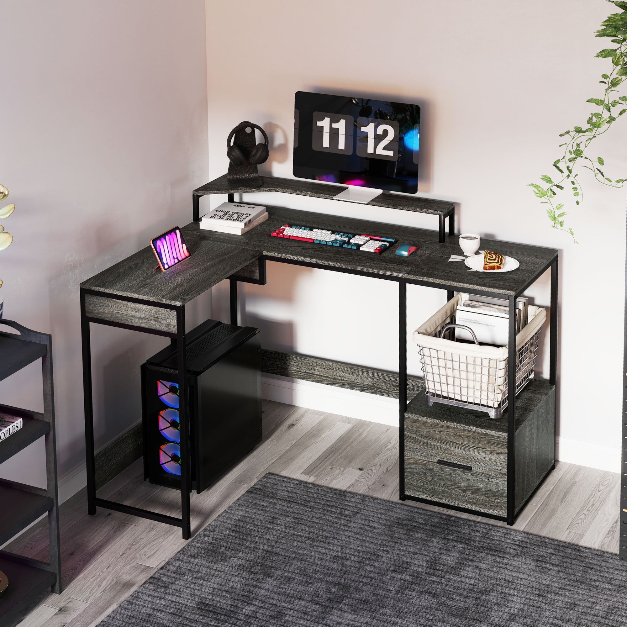 HOMCOM L Shaped Desk, Computer Desk with Liftable Desktop, Industrial Corner Desk with Drawer for A4/Letter Size, Home Office Desk with Monitor Stand for Home Office, Charcoal Grey - North Peak Garden Furniture