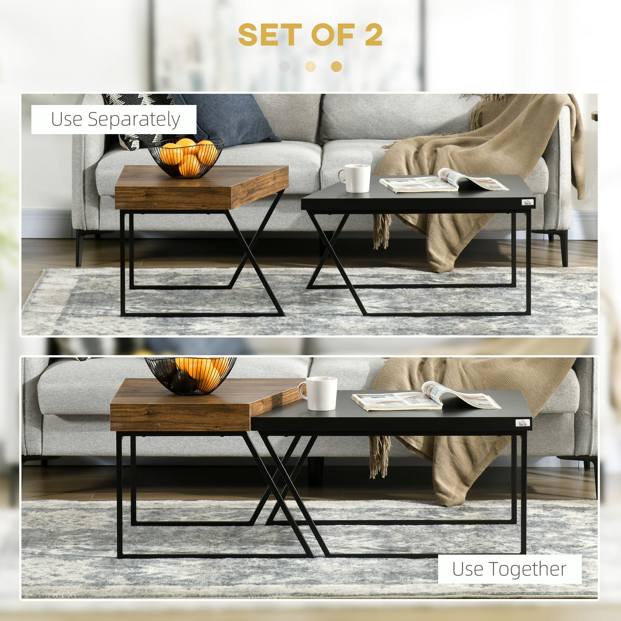 HOMCOM Coffee Table Set of 2, Industrial Nesting Table with Steel Frame and 8cm Thick Tabletop, Sofa Side End Table for Living Room, Rustic Brown - North Peak Garden Furniture