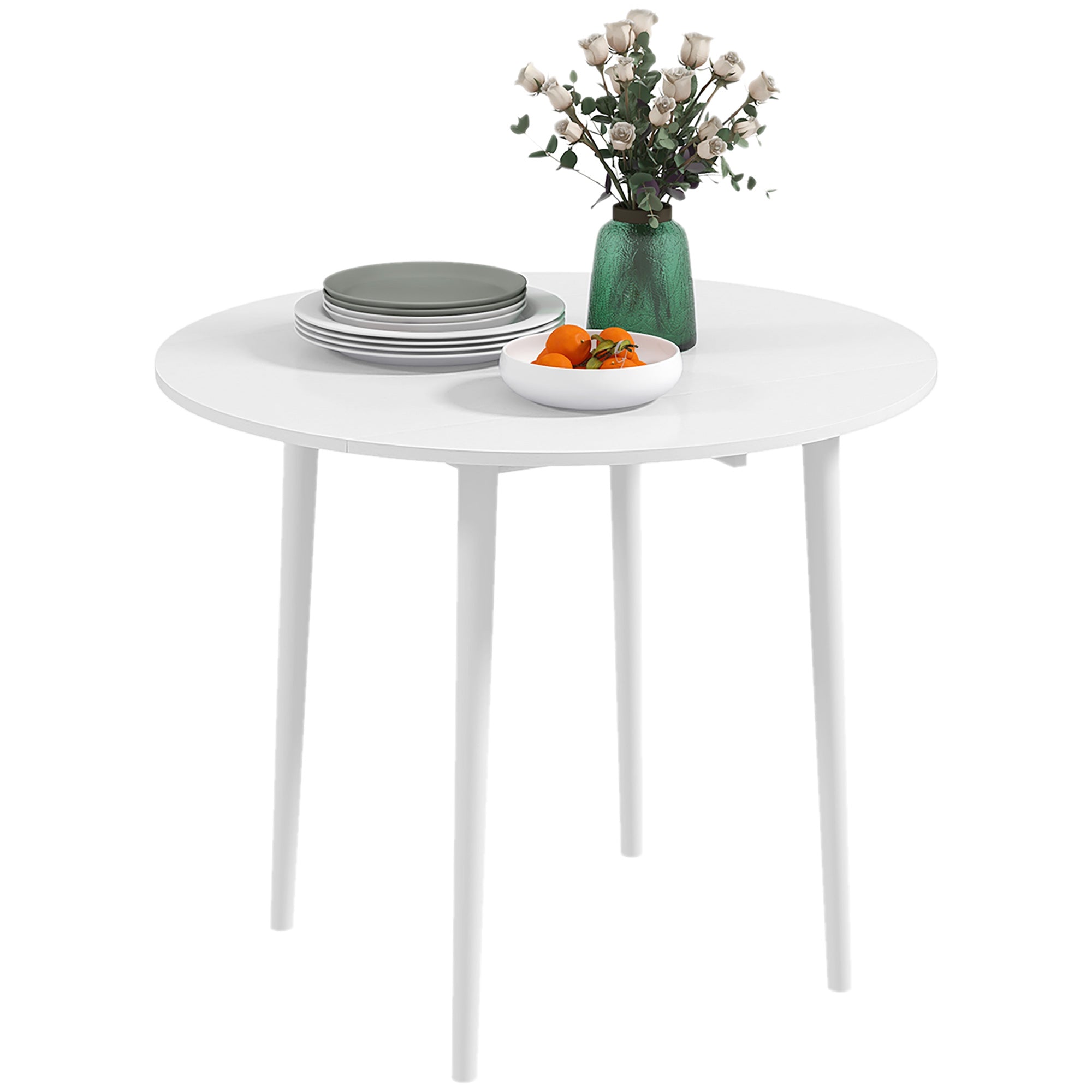 HOMCOM Folding Dining Table for 4, Round Drop Leaf Table, Modern Space Saving Small Kitchen Table with Wood Legs for Dining Room, White - North Peak Garden Furniture