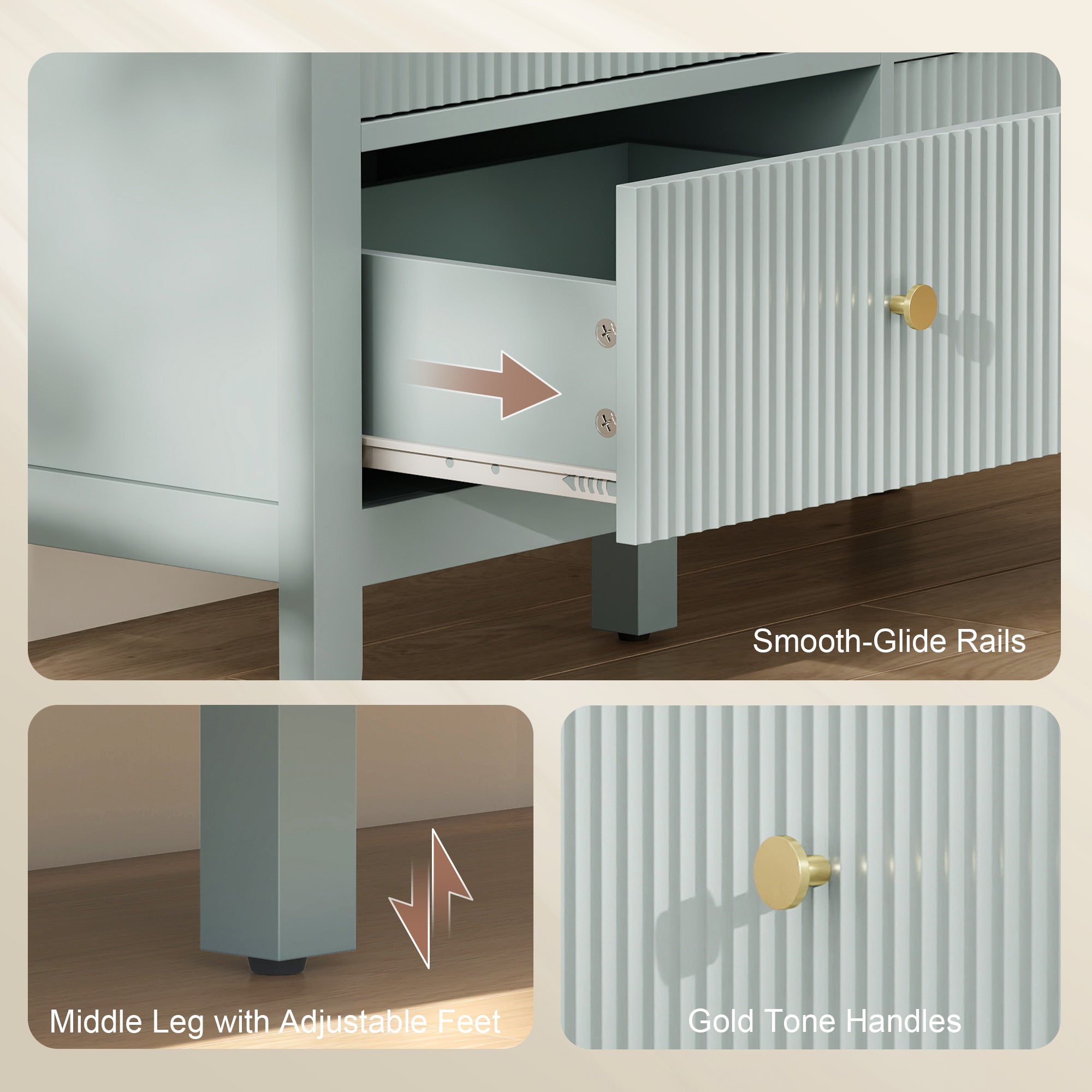 HOMCOM Fluted Dresser, 6 Drawer Chest of Drawers for Bedroom, Living Room, Hallway, Closet, Green