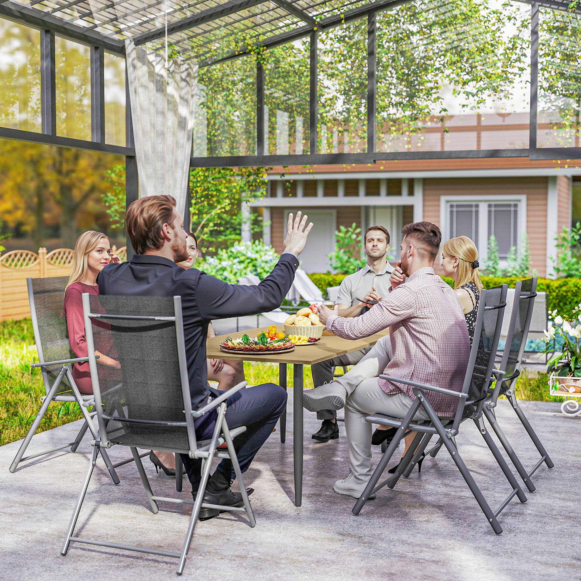 Outsunny Garden Dining Table for 6 Person, Rectangle Outdoor Coffee Table with 5 cm Parasol Hole, Slatted Tabletop and Steel Frame for Patio Balcony, Brown - North Peak Garden Furniture
