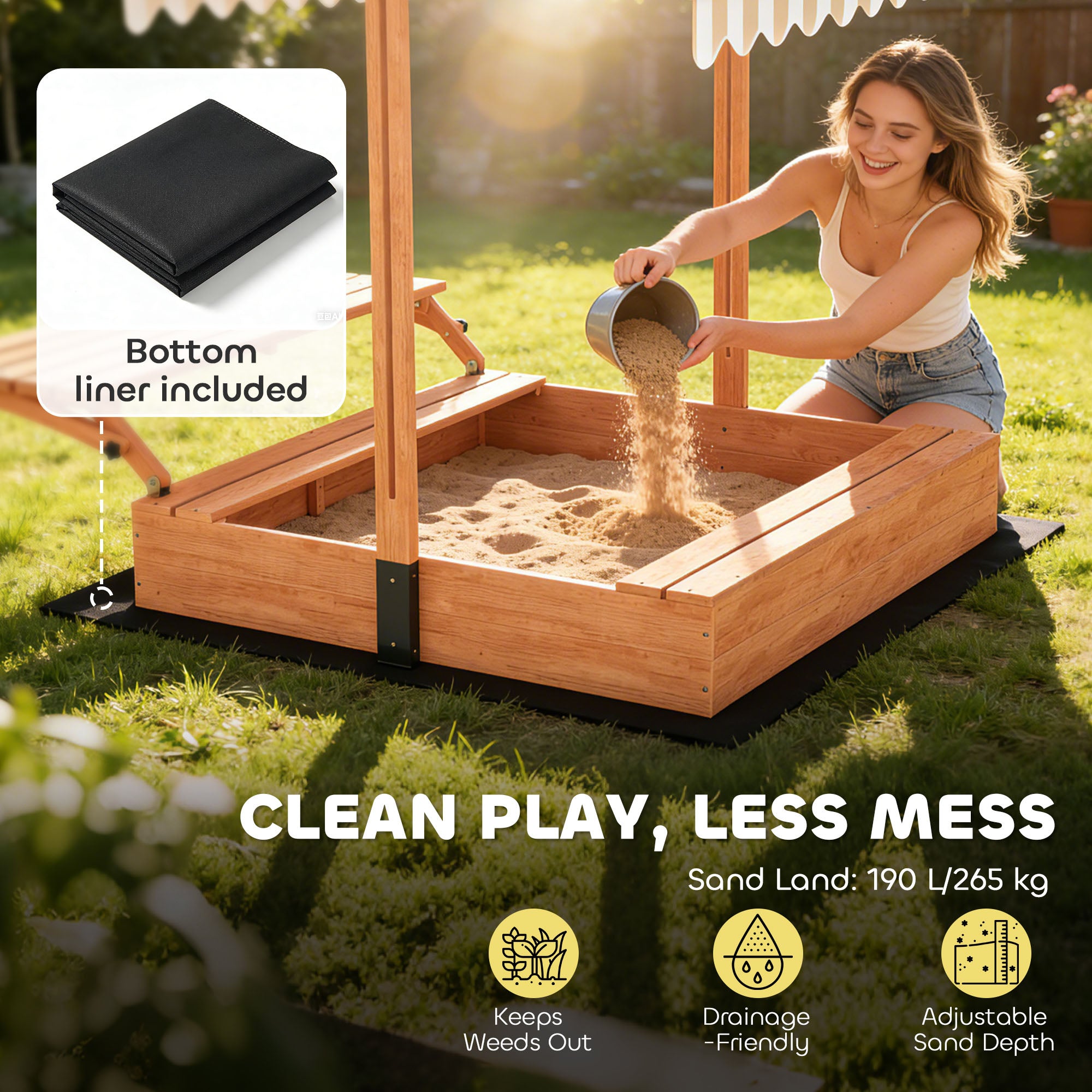 AIYAPLAY Kids Sand Pit with Lid, Wooden Sandpit with Canopy, Foldable Picnic Table, Bench Seats, Bottom Liner for Patio Garden