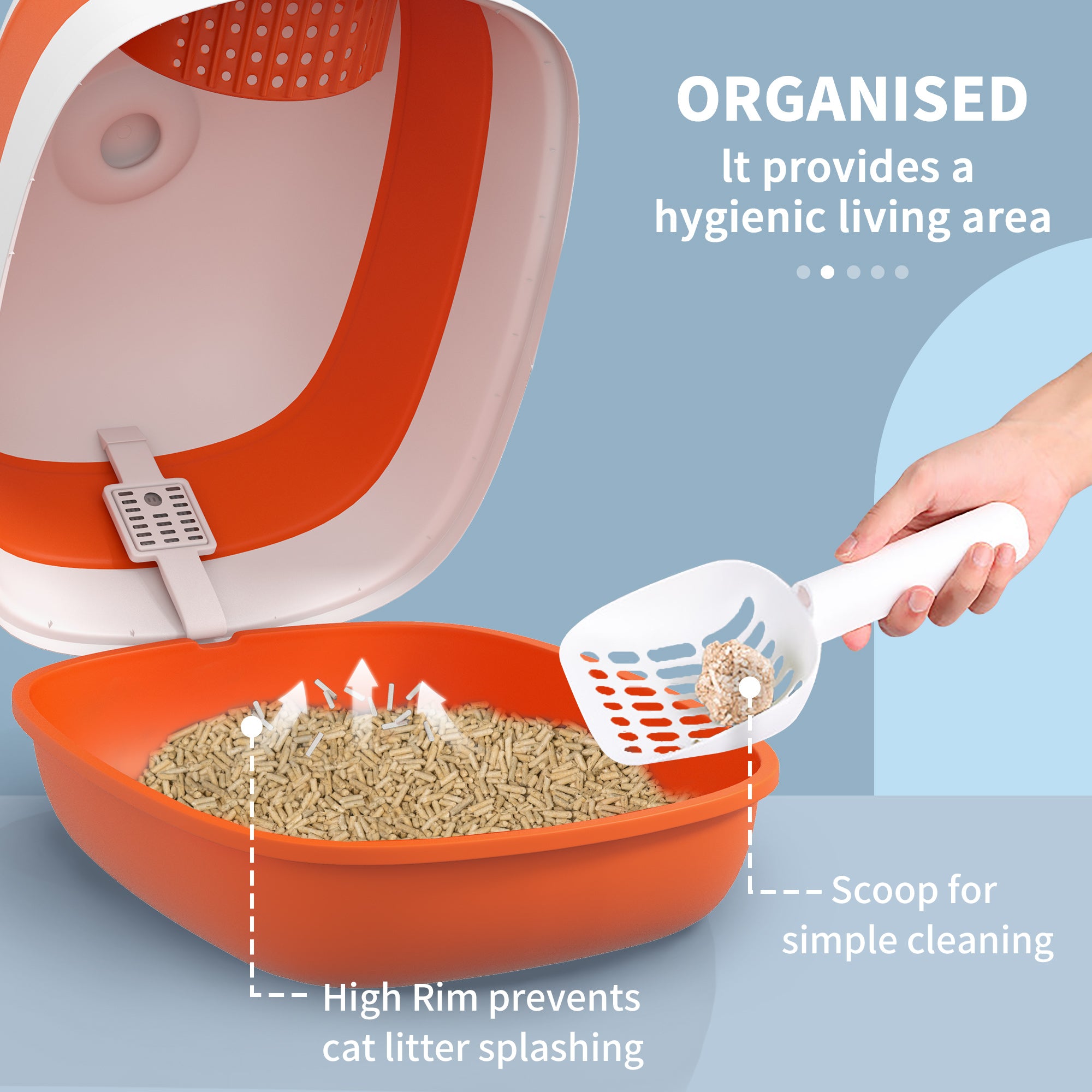 PawHut Foldable Cat Litter Tray with Lid, Deodorant, Scoop, Orange - North Peak Garden Furniture