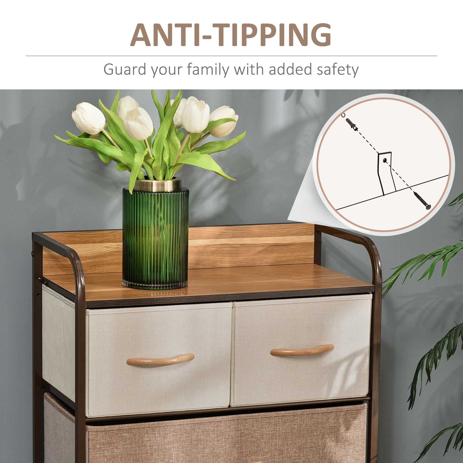 HOMCOM 5-Drawer Dresser Tower 3-Tier Storage Organizer with Steel Frame Wooden Top for Bedroom Hallway Closets