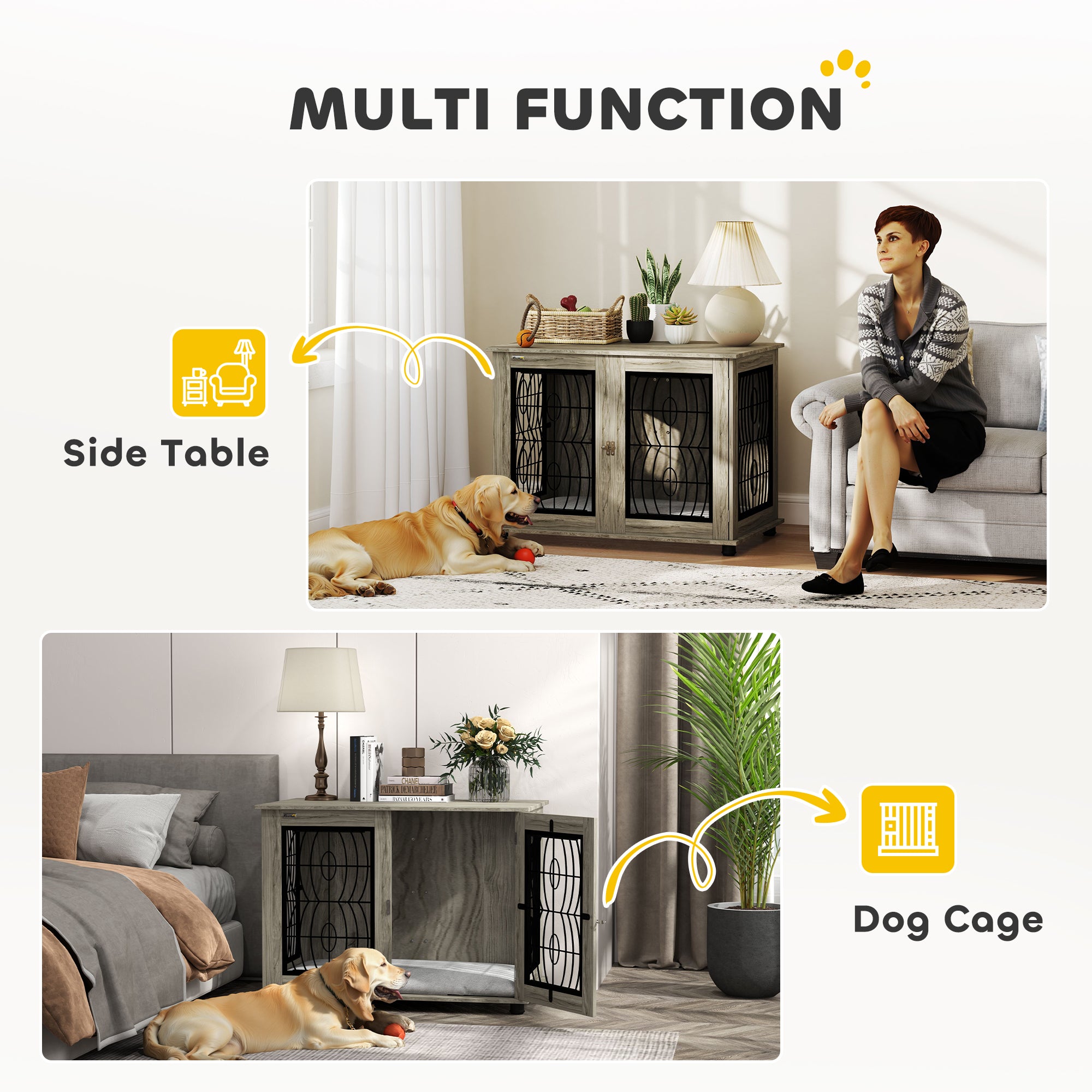PawHut Indoor Dog Crate Furniture End Table with Soft Washable Cushion, Lockable Front Door, for Large Dogs - Grey - North Peak Garden Furniture