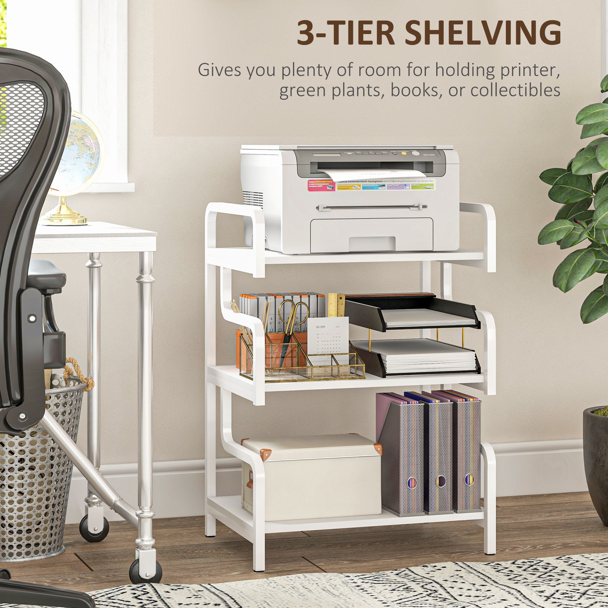 HOMCOM 3-Tier Printer Stand with Storage Shelves, Printer Table, 55 x 40 x 77cm Printer Shelf for Home Office, Study, White - North Peak Garden Furniture
