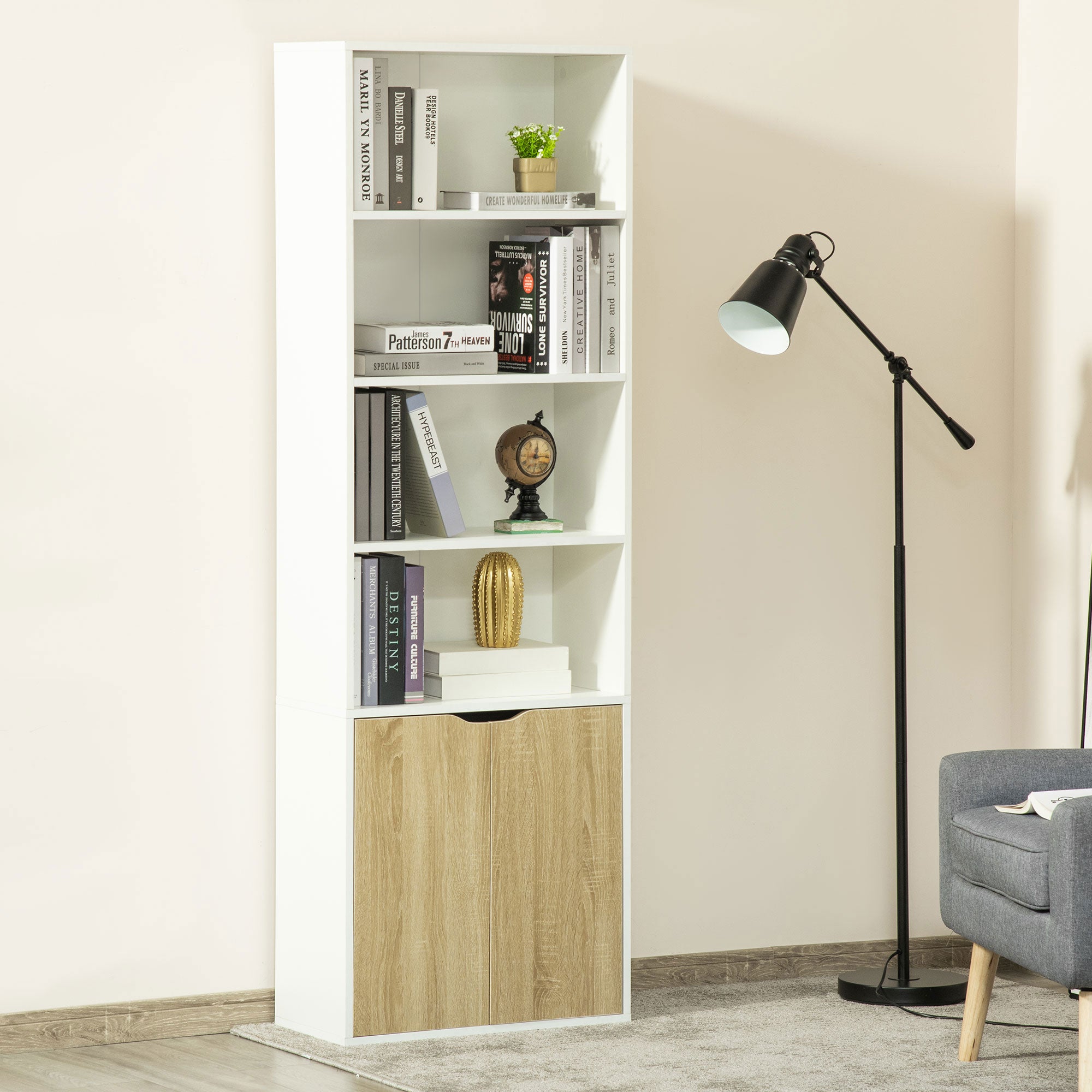 HOMCOM 6-Tier Tall Bookcase, Bookshelf with 4 Open Shelves and Double Door Storage Cabinet, Freestanding Display Rack for Living Room, Bedroom, Home Office, Study, 59 x 29 x 180cm, White and Oak - North Peak Garden Furniture