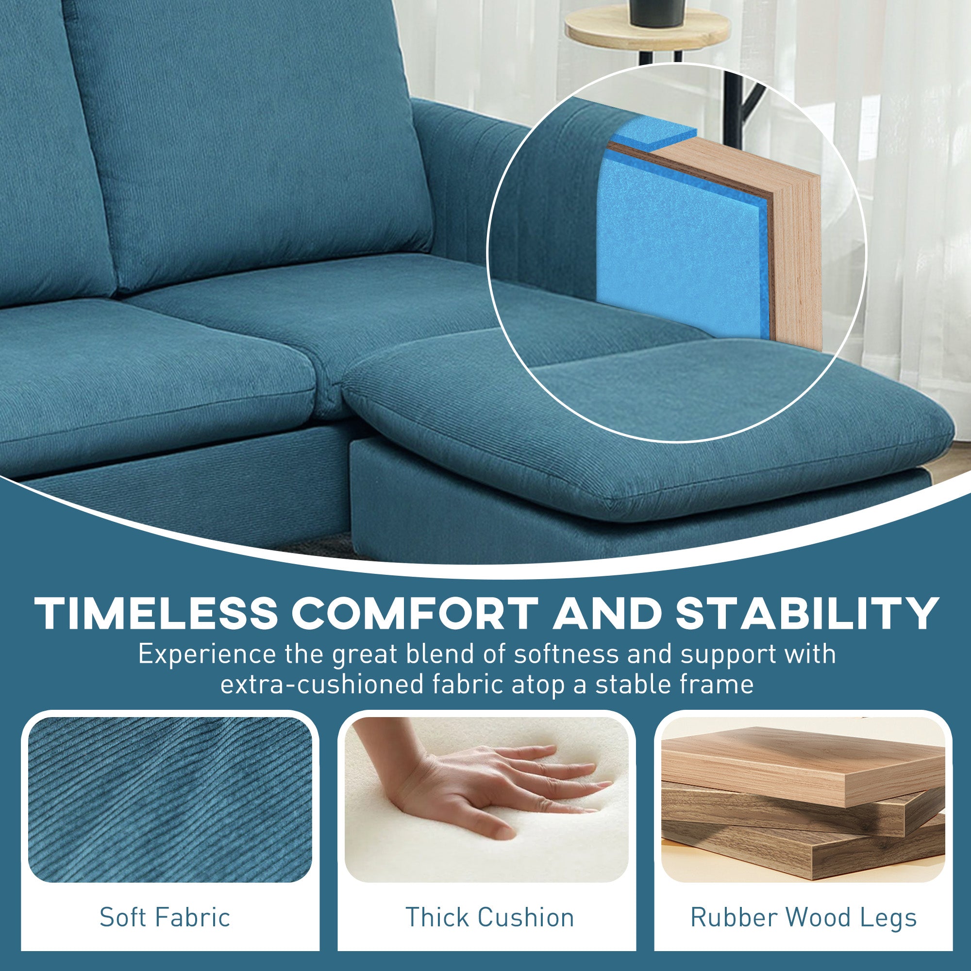 HOMCOM Corner Sofa with Reversible Chaise Lounge, Corduroy Fabric 3 Seater Sofa Settee for Living Room, L Shaped Couch with Scatter Back, Left/Right Hand, Blue - North Peak Garden Furniture