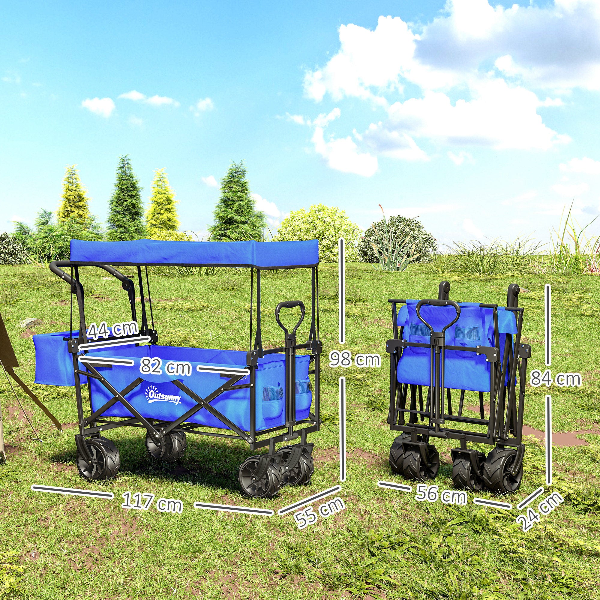 Outsunny Folding Trolley Cart Storage Wagon Beach Trailer 4 Wheels with Handle Overhead Canopy Cart Push Pull for Camping, Blue - North Peak Garden Furniture