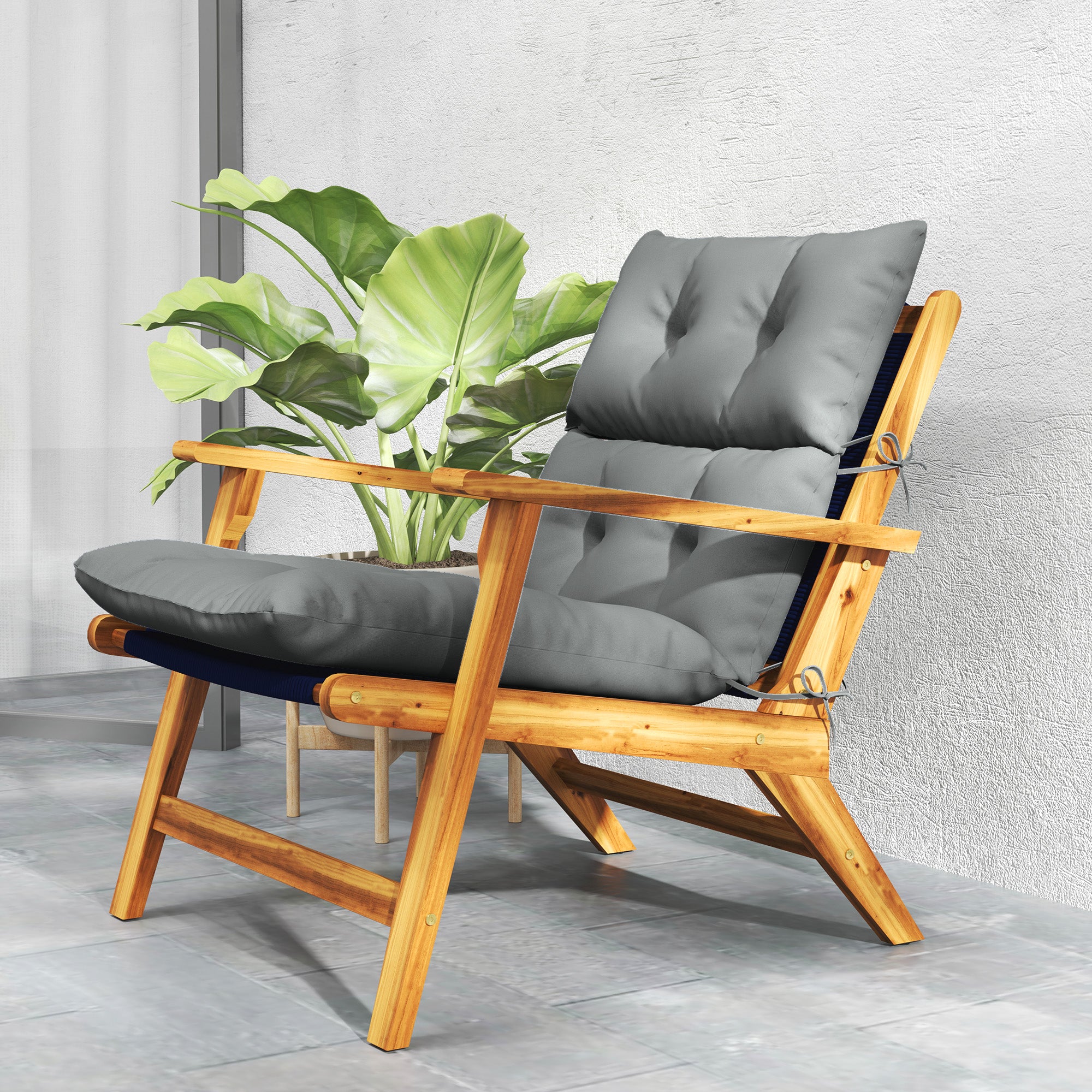 Outsunny Tufted Adirondack Chair Cushion, Thick Garden Seat Cushion Pad with Backrest, Rocking Chair Cushion with Ties for Outdoor and Indoor Use, Light Grey - North Peak Garden Furniture