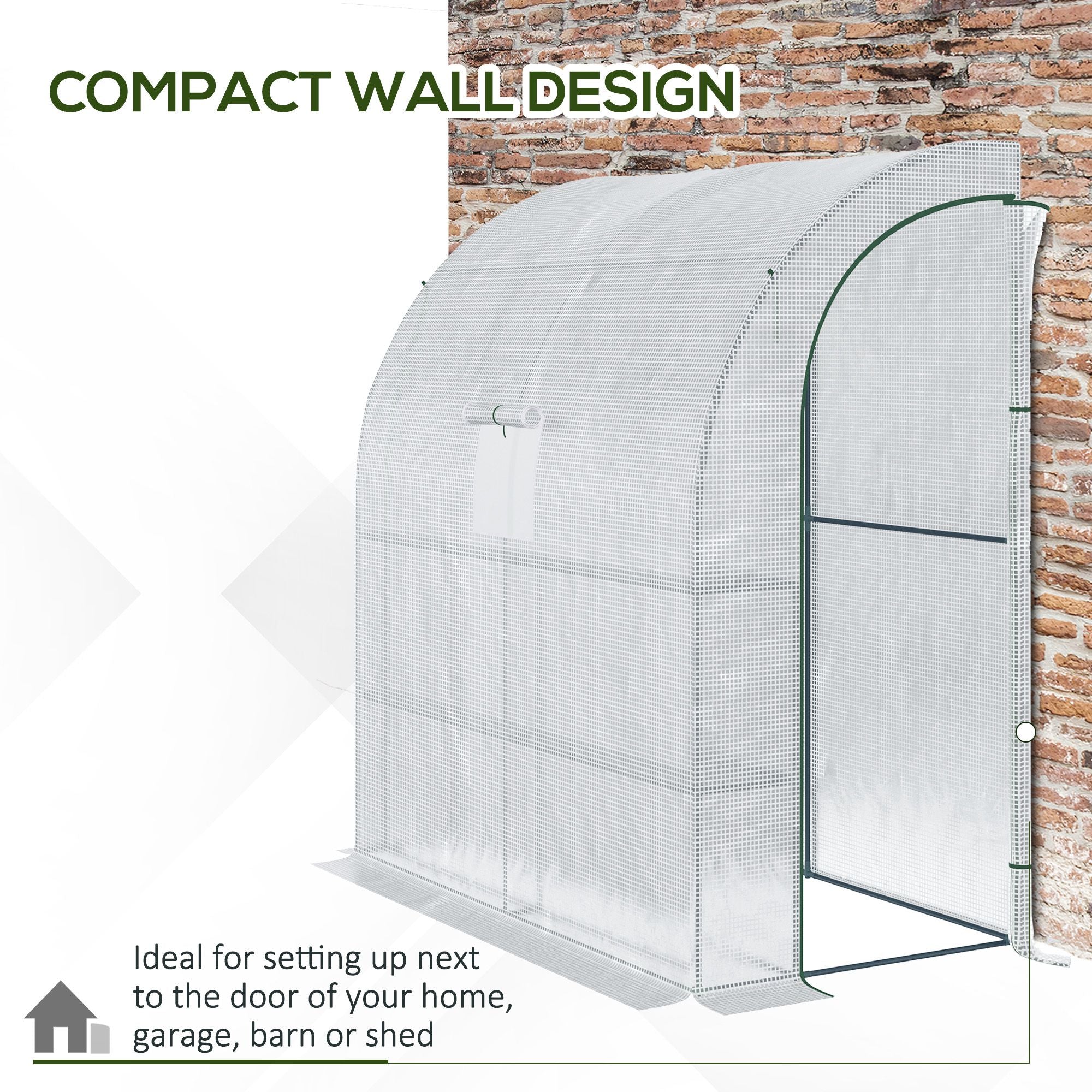Outsunny Walk-In Lean to Wall Greenhouse with Windows and Doors 2 Tiers 4 Wired Shelves 200L x 100W x 215Hcm White - North Peak Garden Furniture