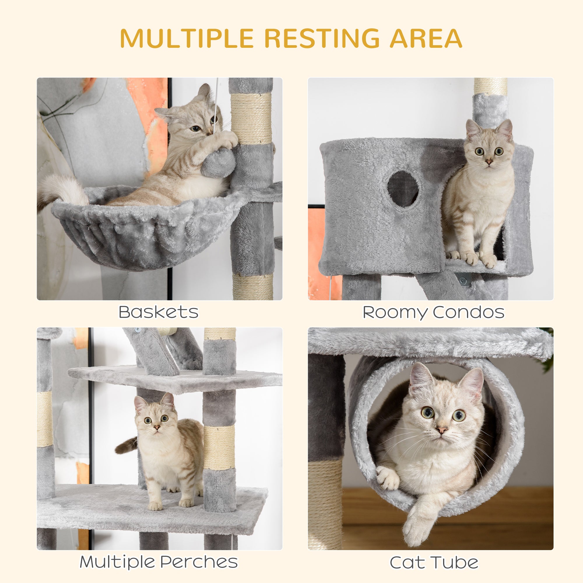 PawHut Floor to Ceiling Cat Tree for Indoor Cats, 240-260cm, Adjustable Height - Light Grey - North Peak Garden Furniture
