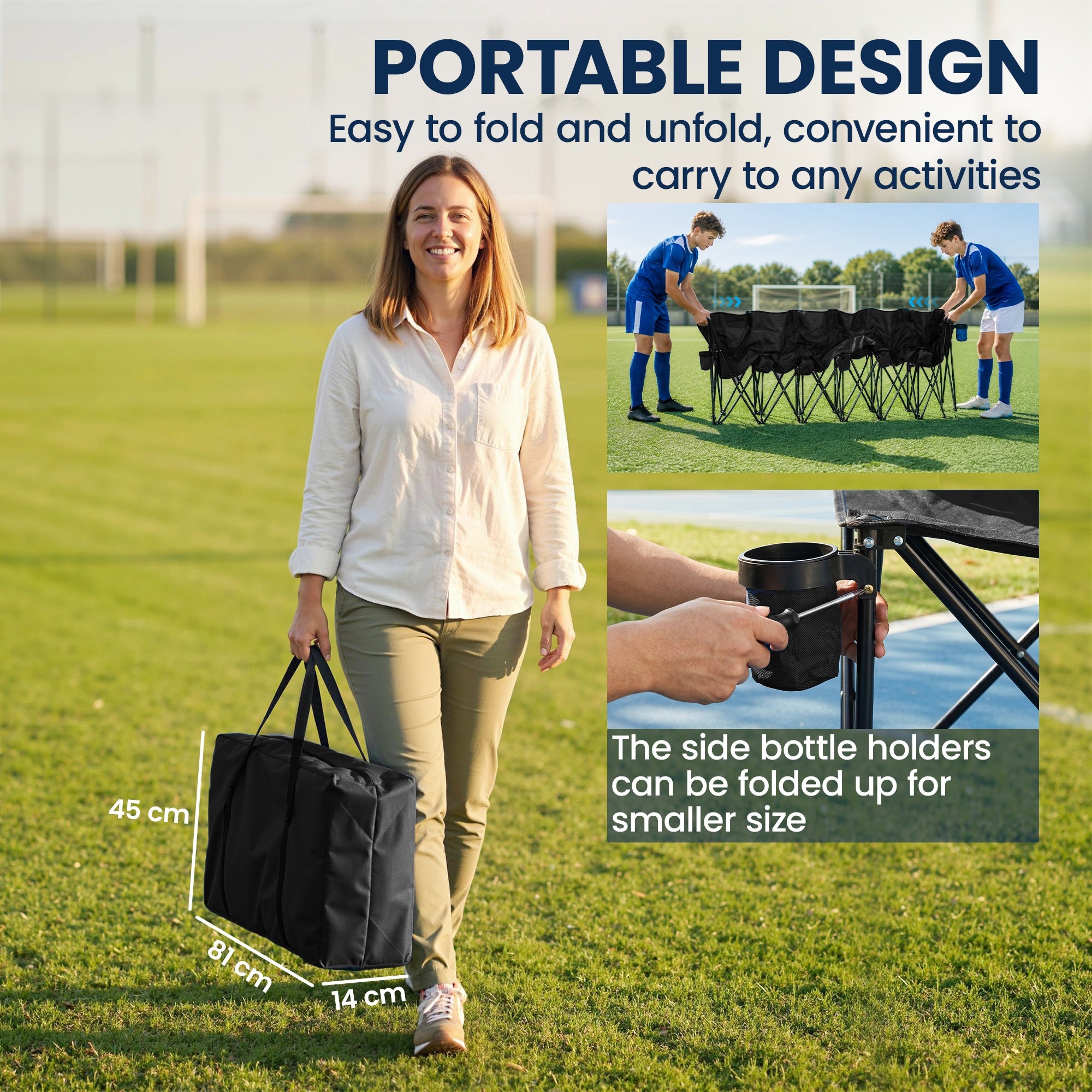 Outsunny 6 Seater Folding Bench, Outdoor Camping Chair Portable Sports Spectator Chair with Steel Frame, Cup Holder & Carry Bag, Black